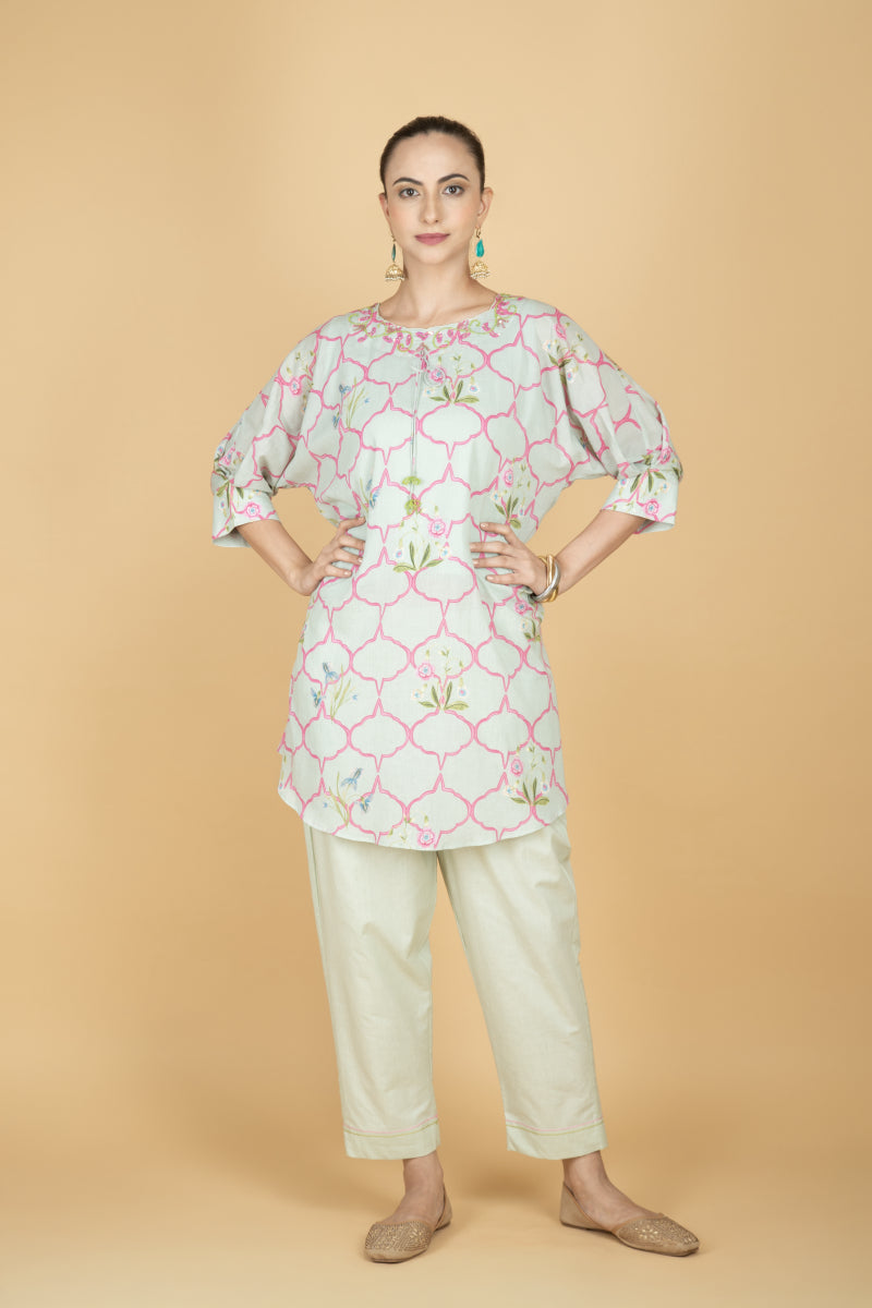 Green Embroidered Floral Print Short Kurta with Solid Pants