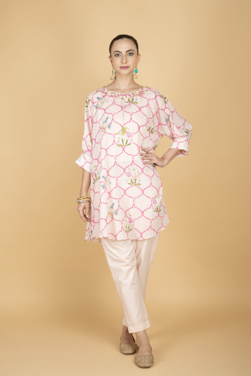Nude Pink Embroidered Floral Print Short Kurta with Solid Pants