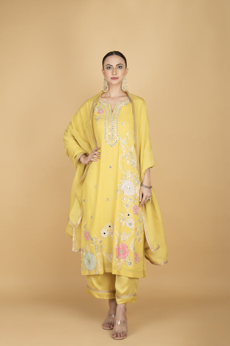 Lime Yellow Embroidered Kurta W/Pant & Dupatta
