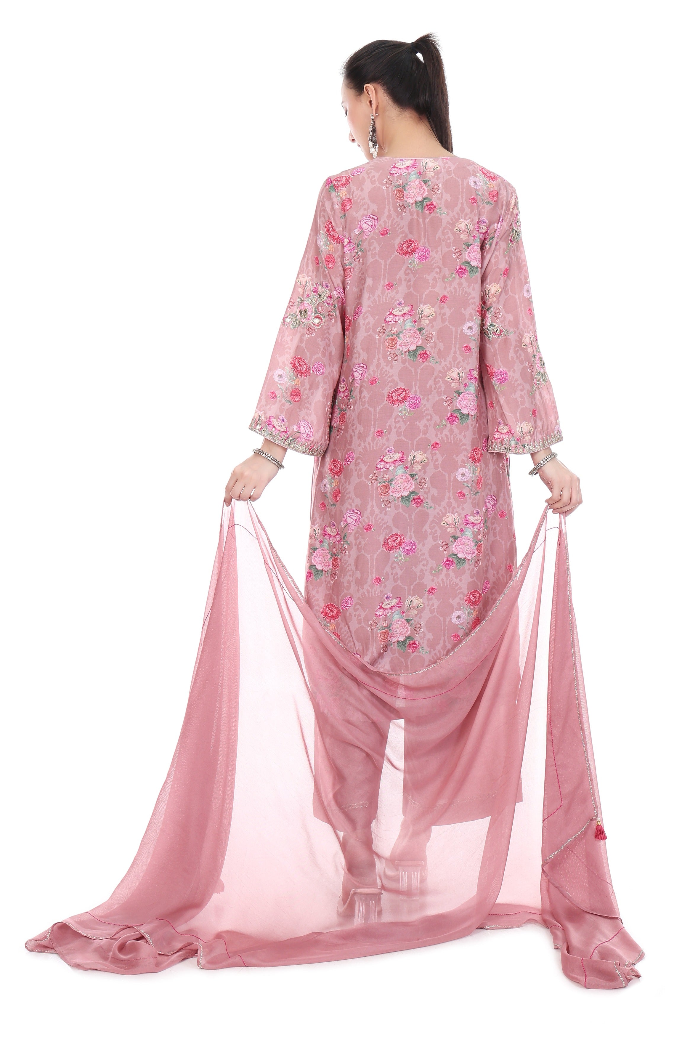 Pink Embroidered Floral Printed Kurta Set