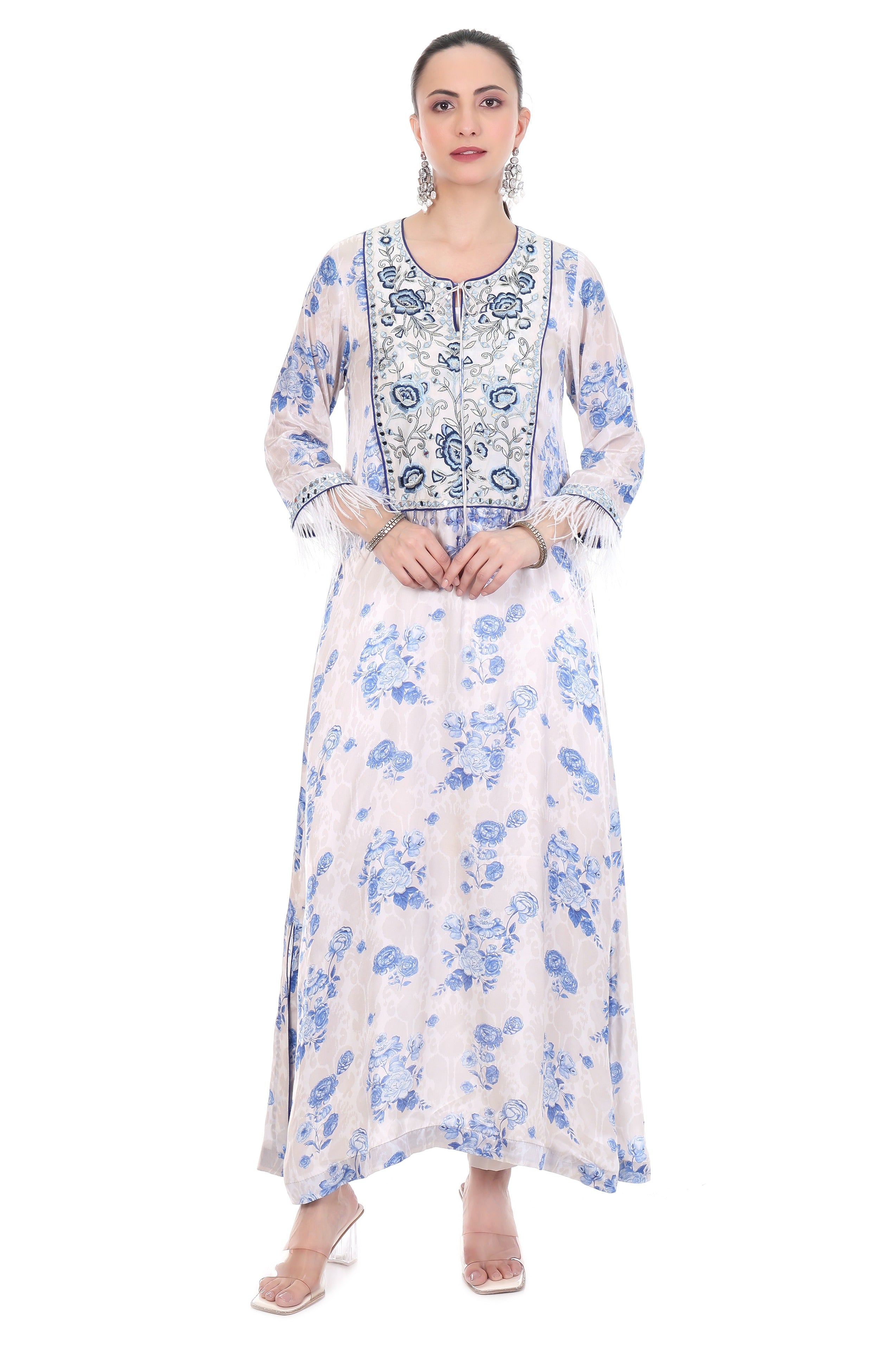 Blue White Floral Printed Embroidered Kaftaan with Pants Set