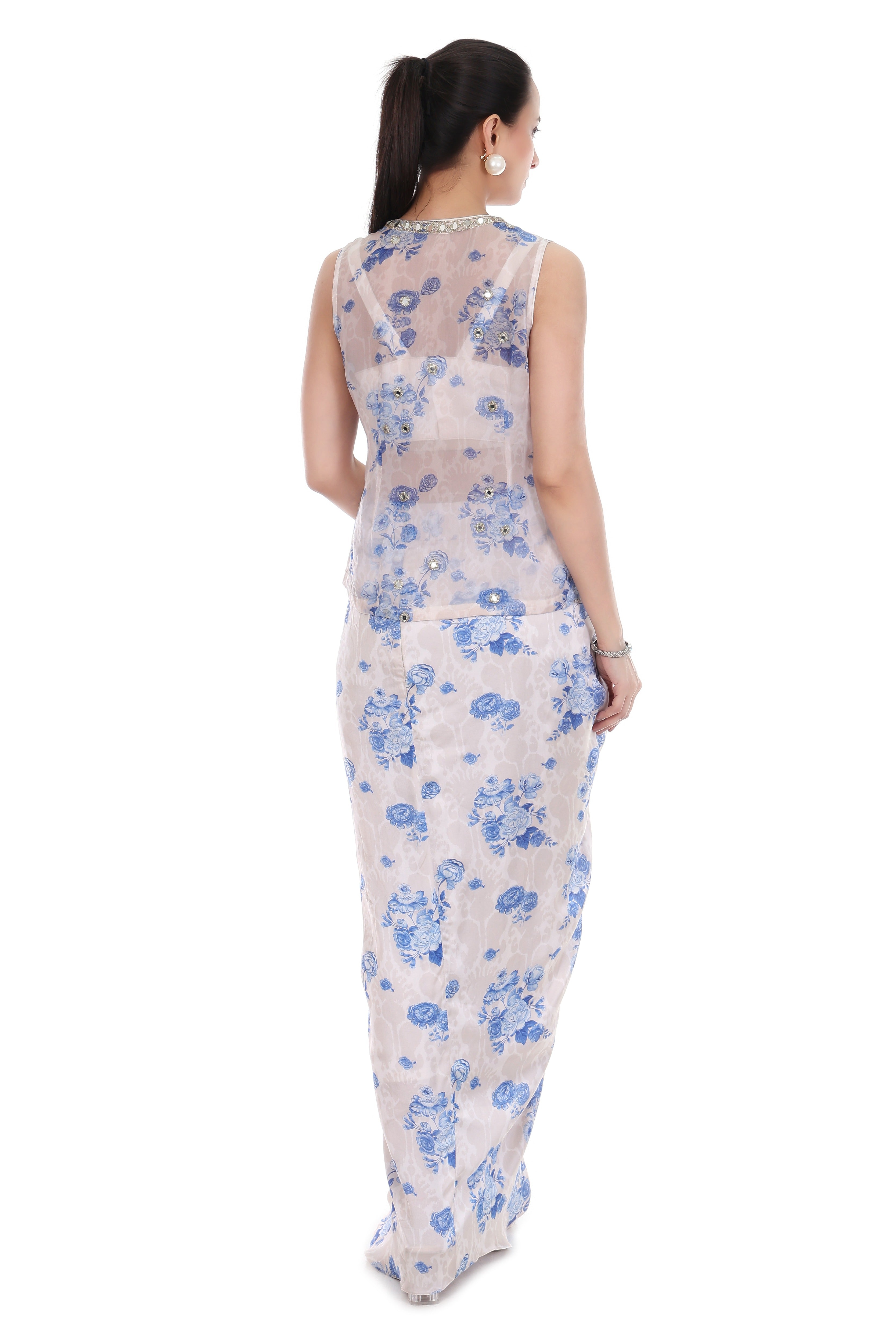 Blue White Sleeveless Jacket with Bustier & Drape Skirt