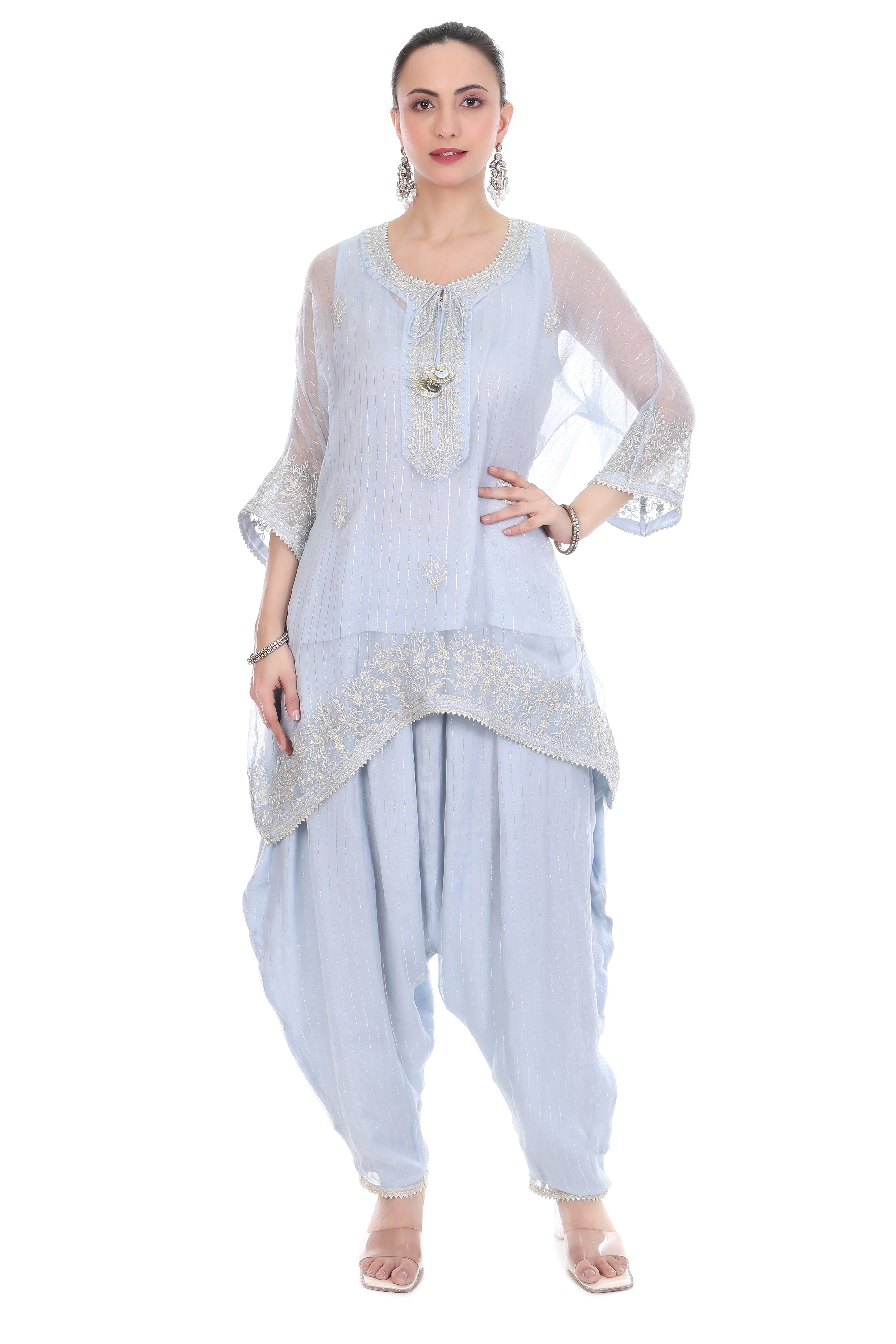 Blue Embroidered High Low Kaftaan with Heram Pants