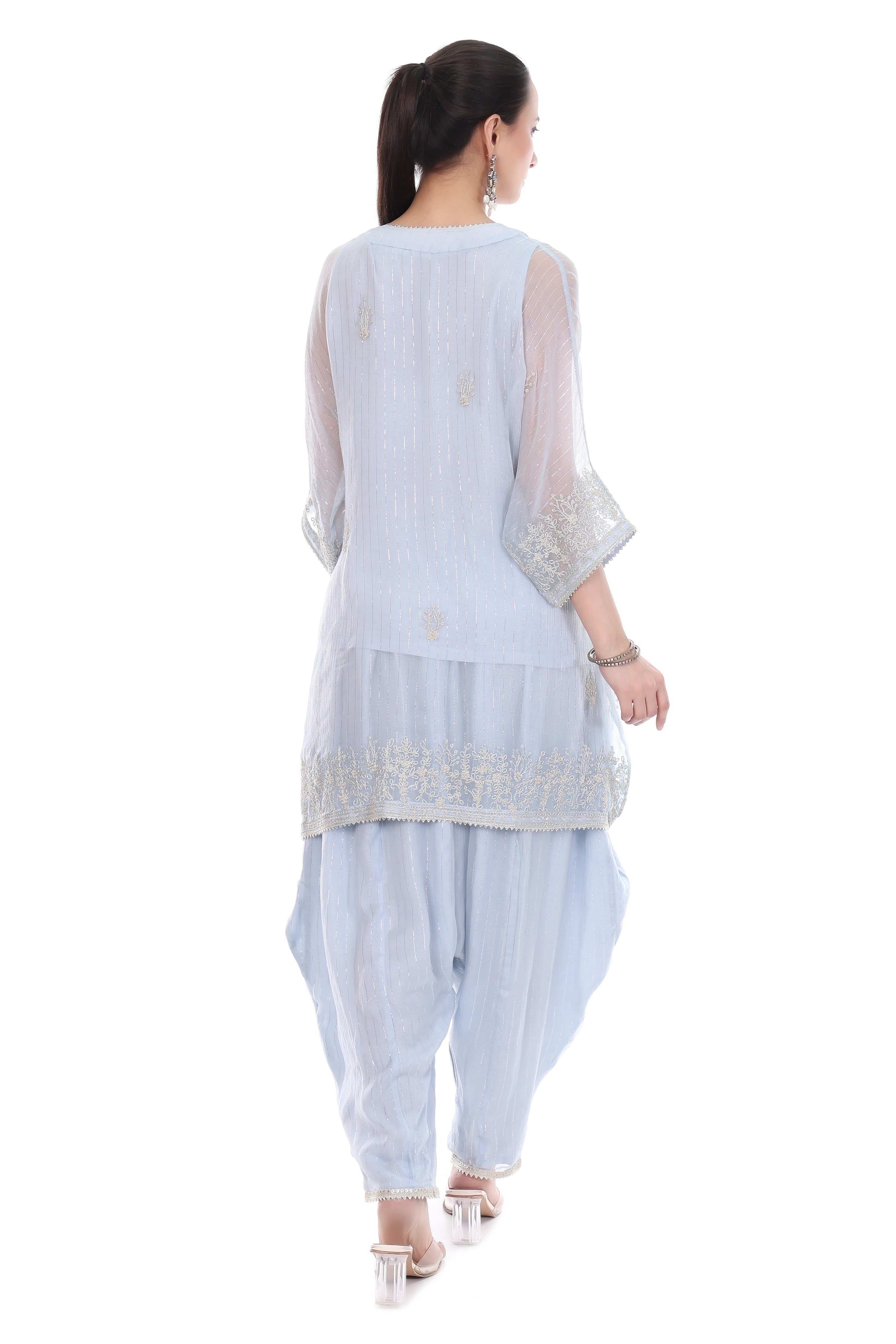 Blue Embroidered High Low Kaftaan with Heram Pants