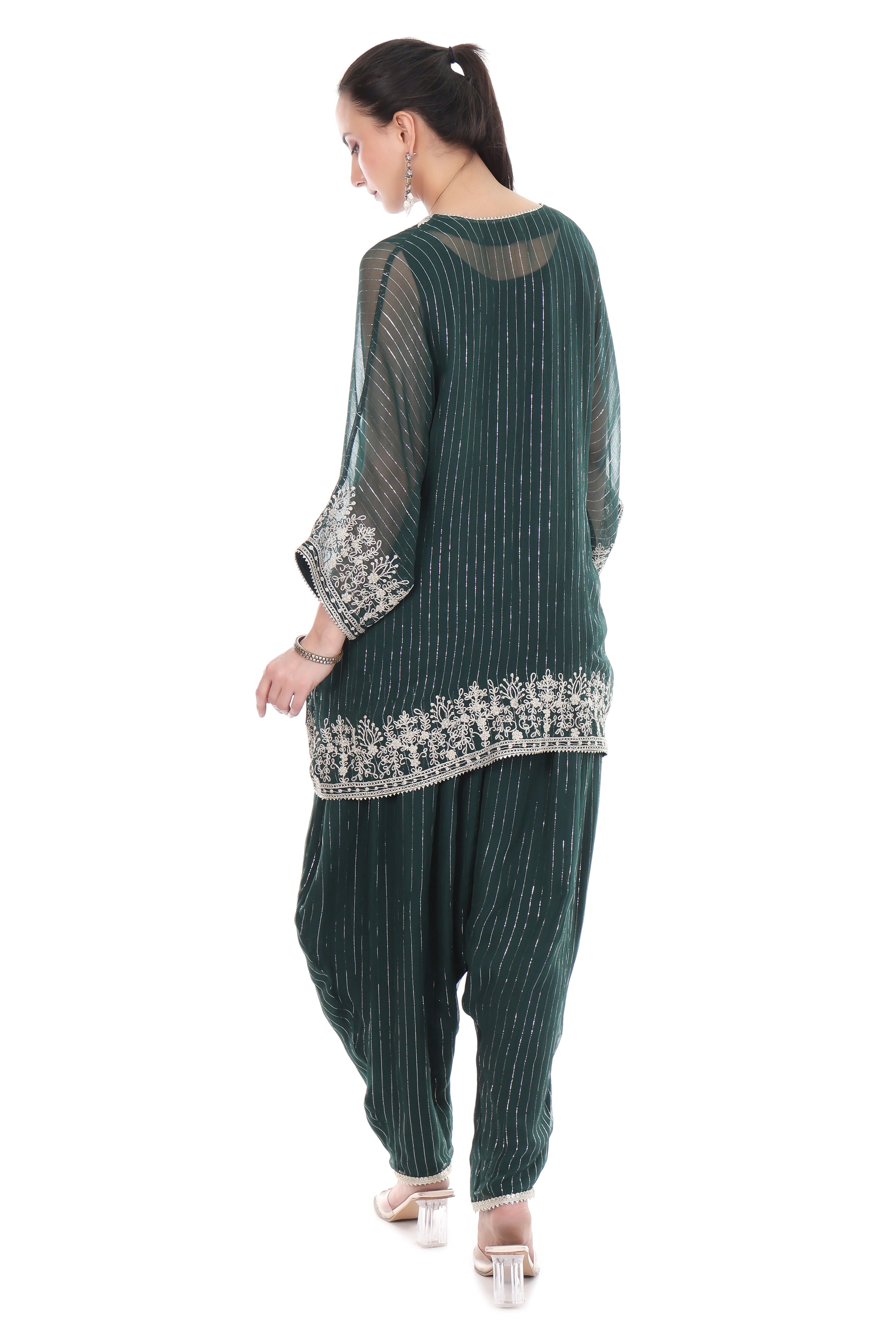 Green Embroidered High Low Kaftaan with Heram Pants