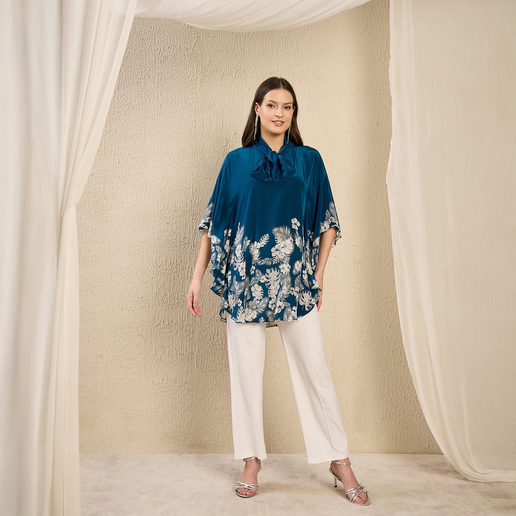 Blue and Grey Floral Bow-Tie Top