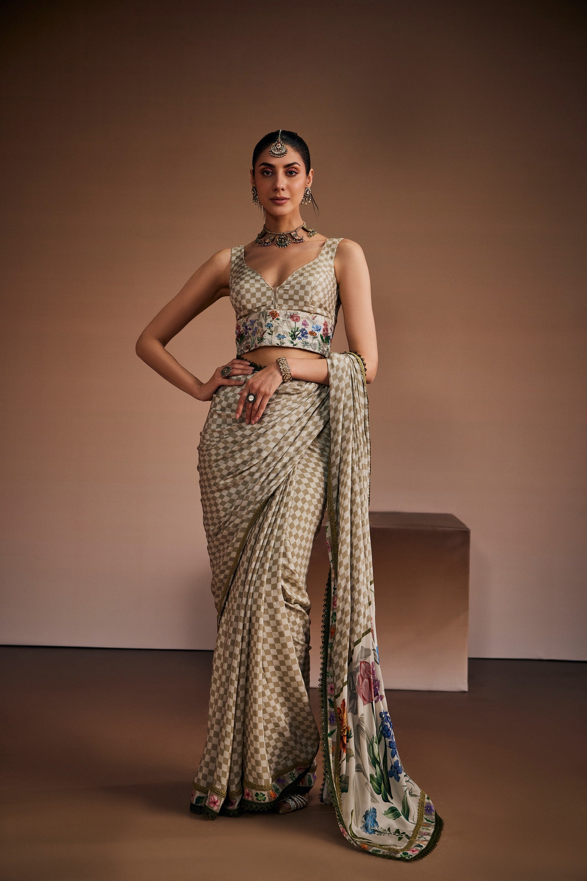 Sand Beige & Moss Green Check Saree