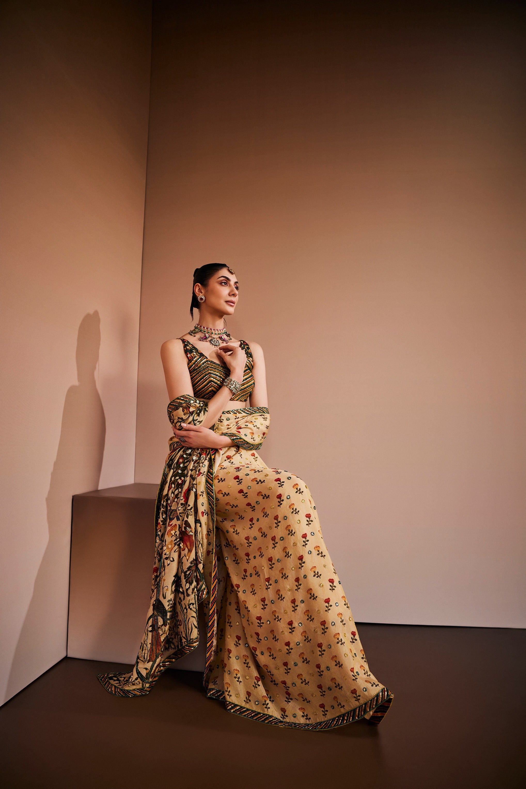 Antique Ivory Mughal Tree Suit Saree