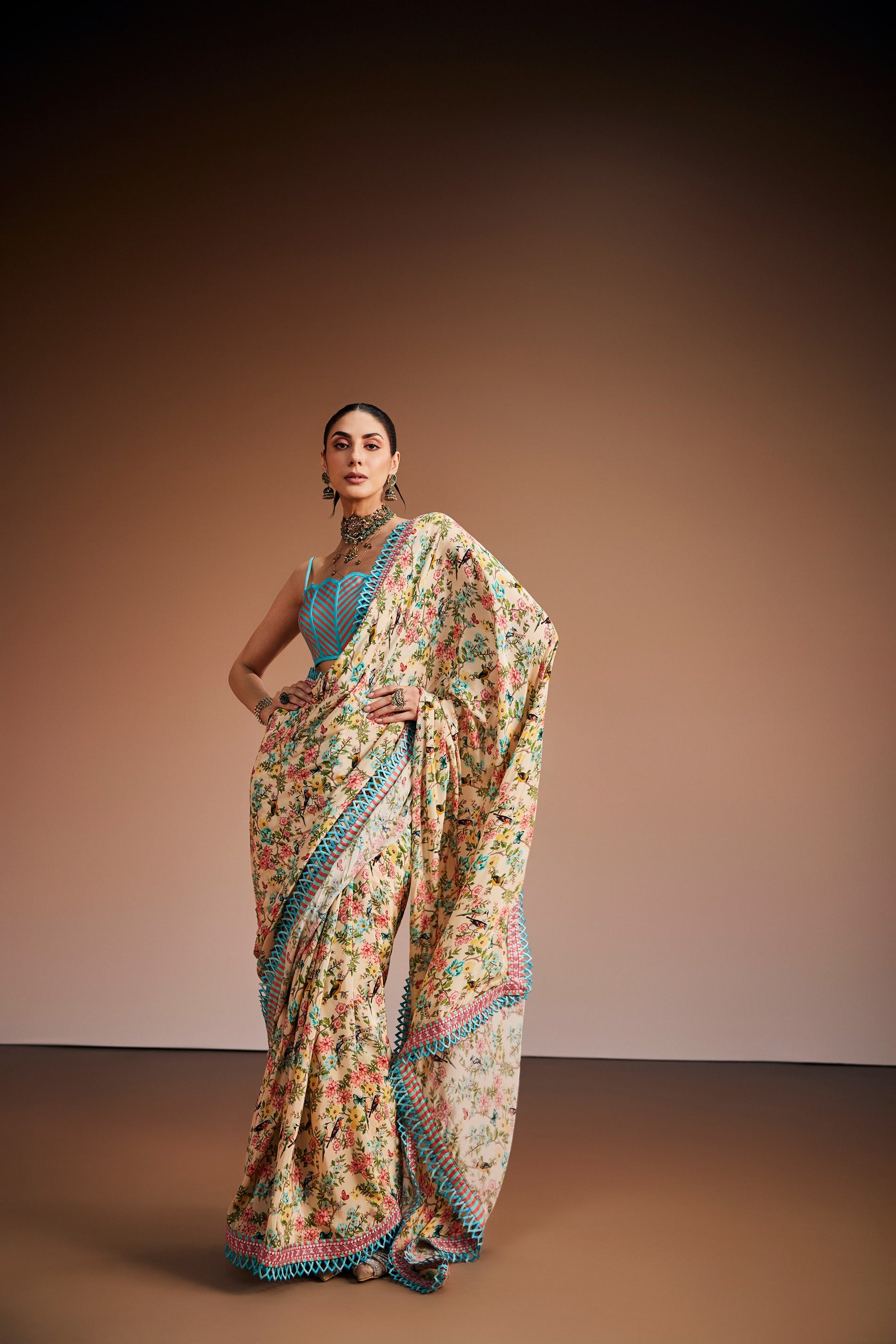 Cream Vintage Floral Saree