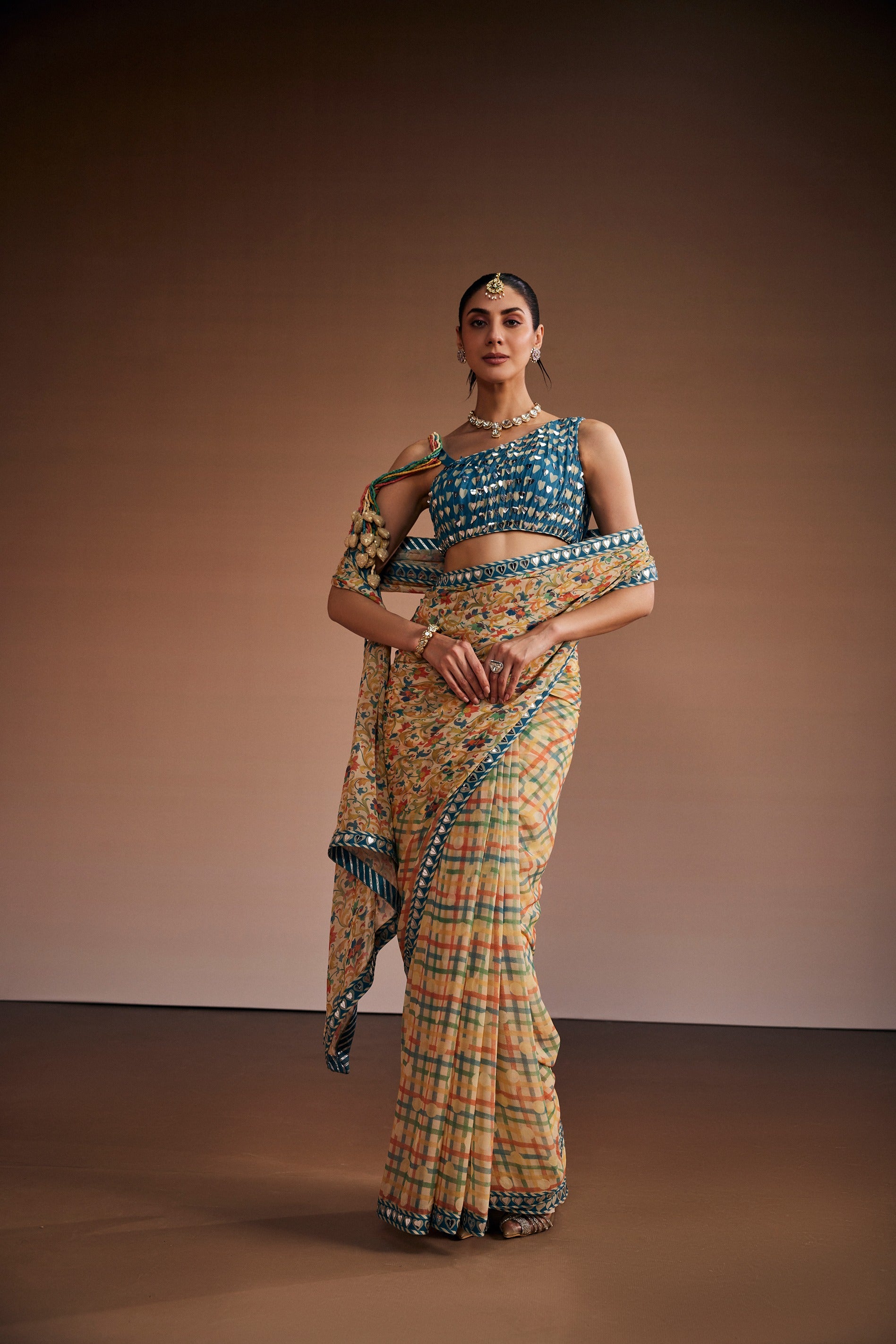 Warm Grey Vintage Floral Saree With Dusty Blue Blouse