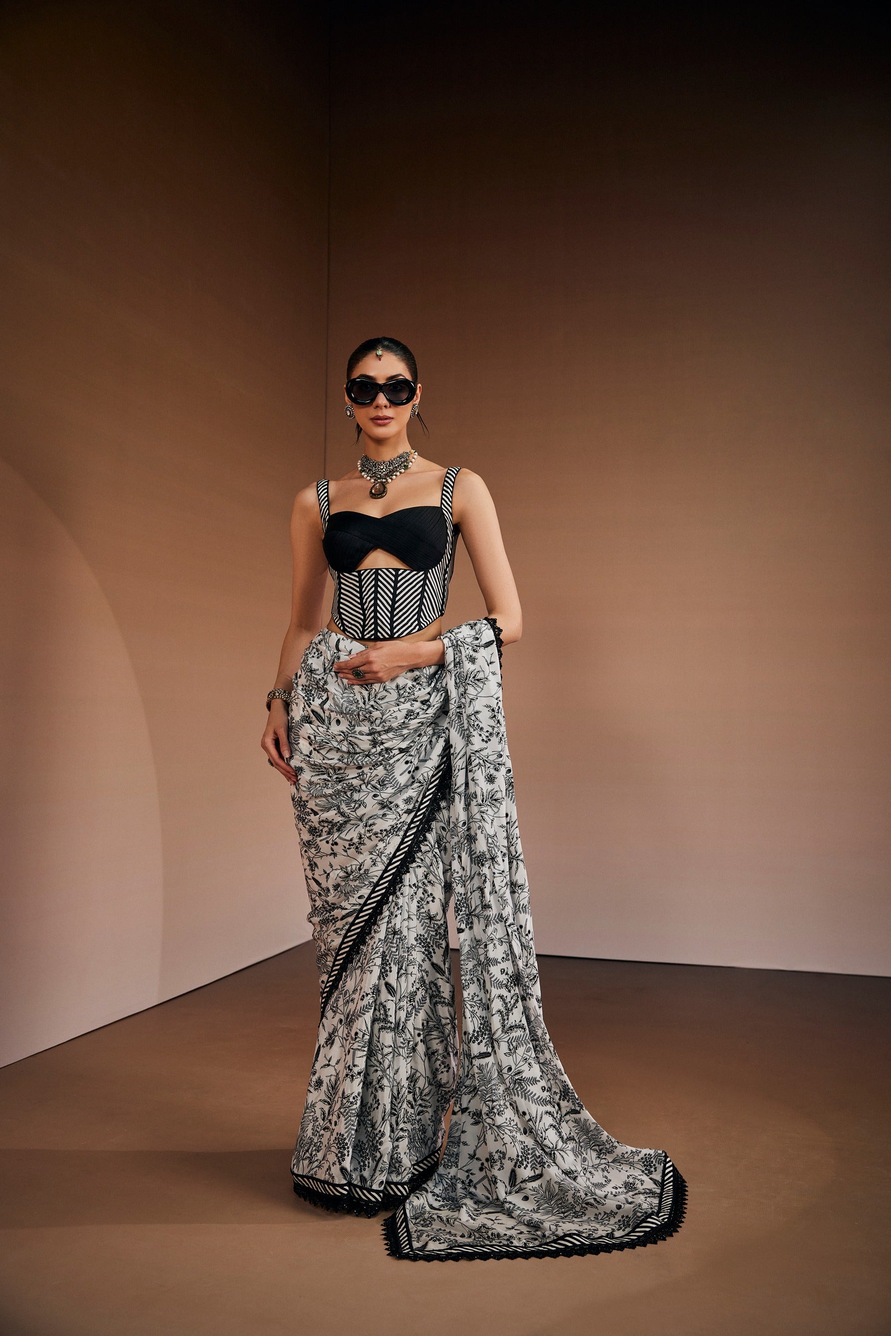 Black & White Botanical Saree