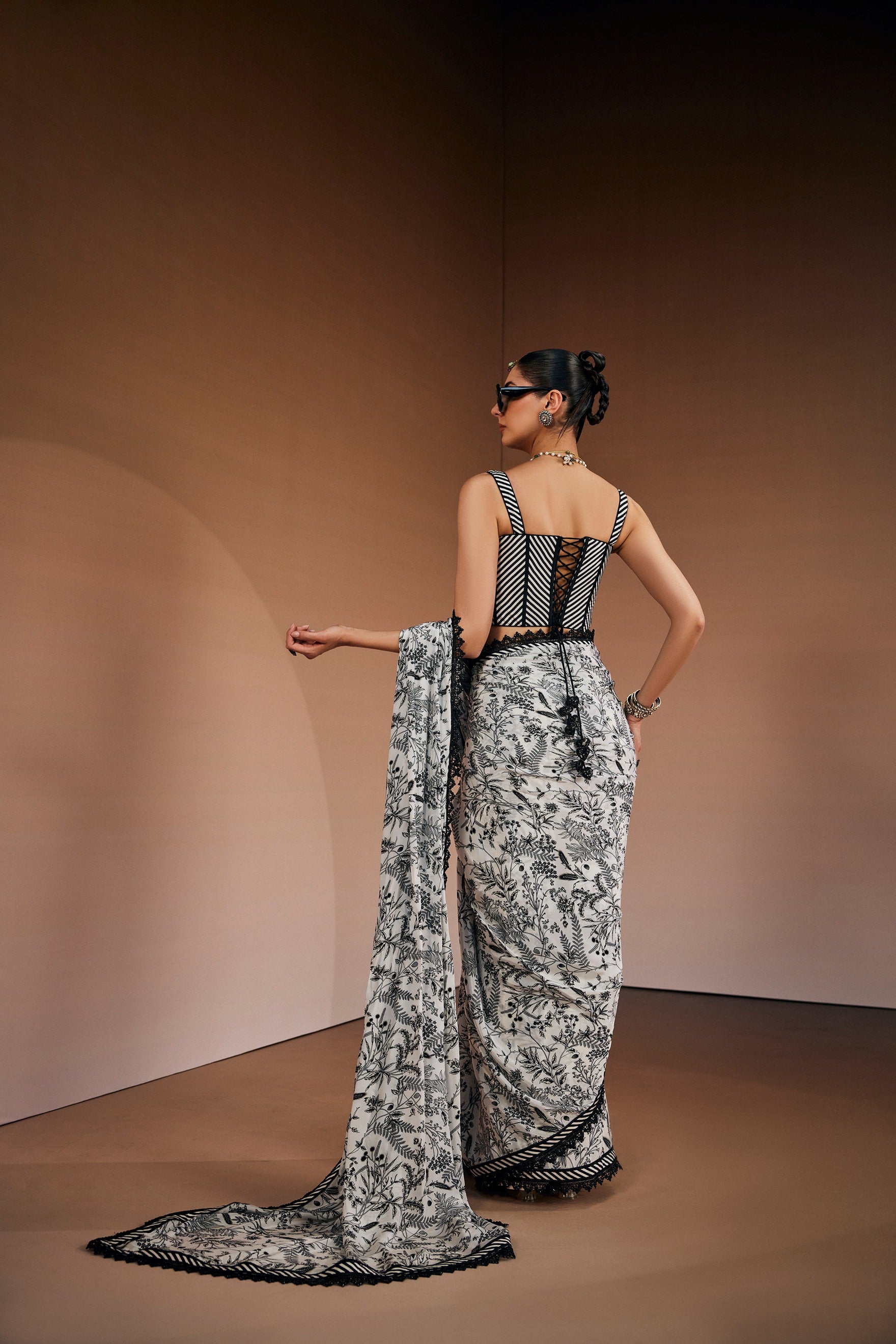 Black & White Botanical Saree