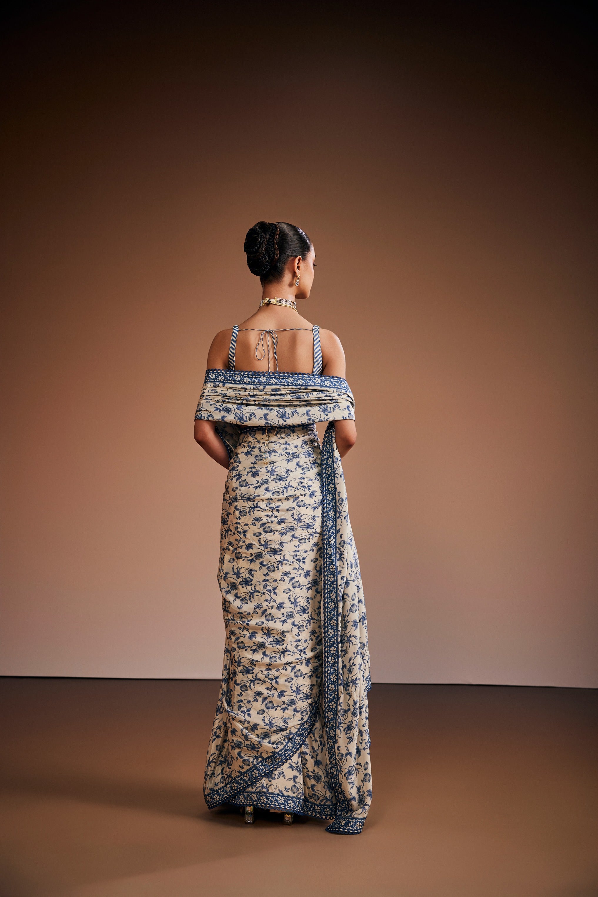 Dark Slate Blue & Porcelain White Halter Saree