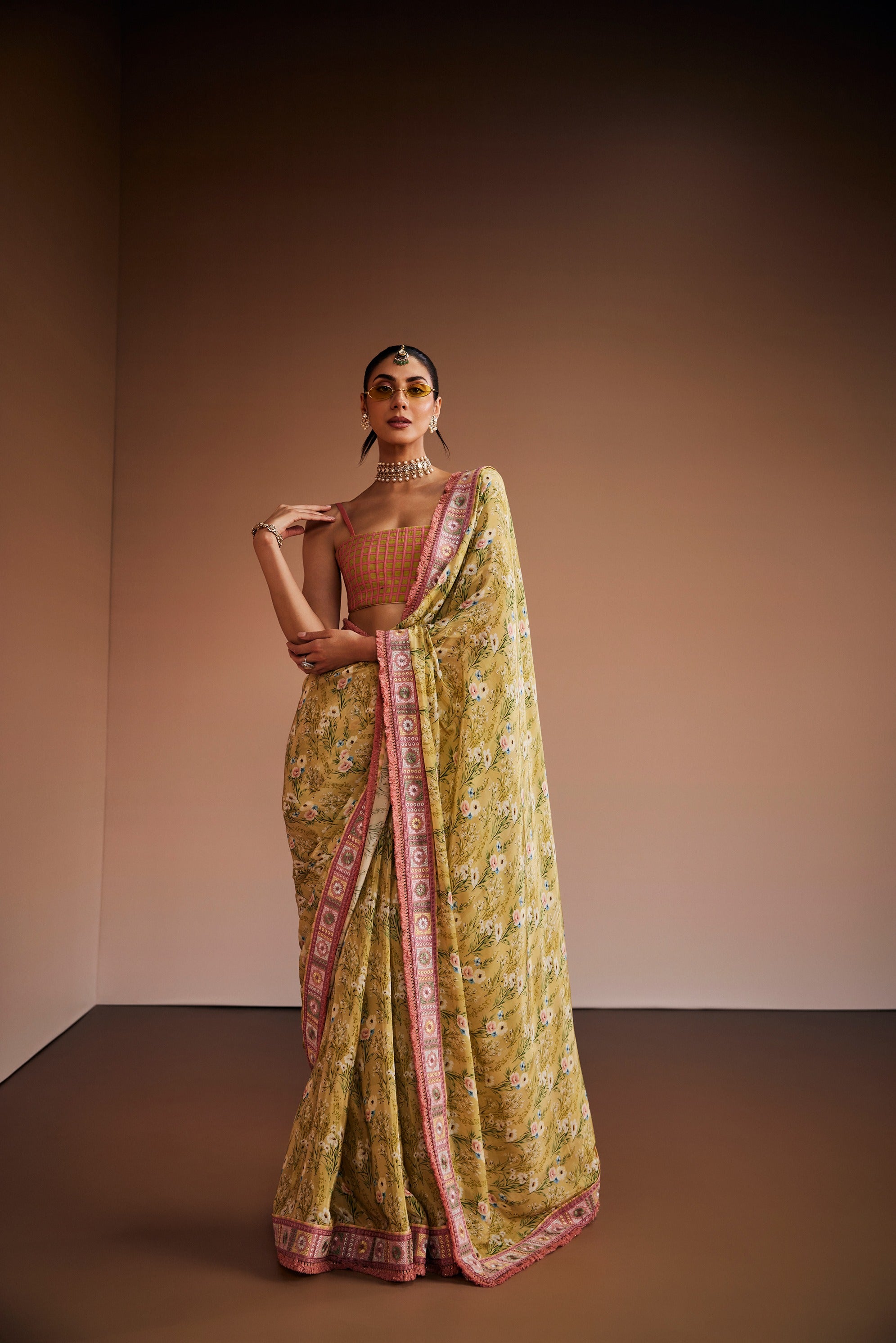 Sage Green & Blush Pink Floral Saree