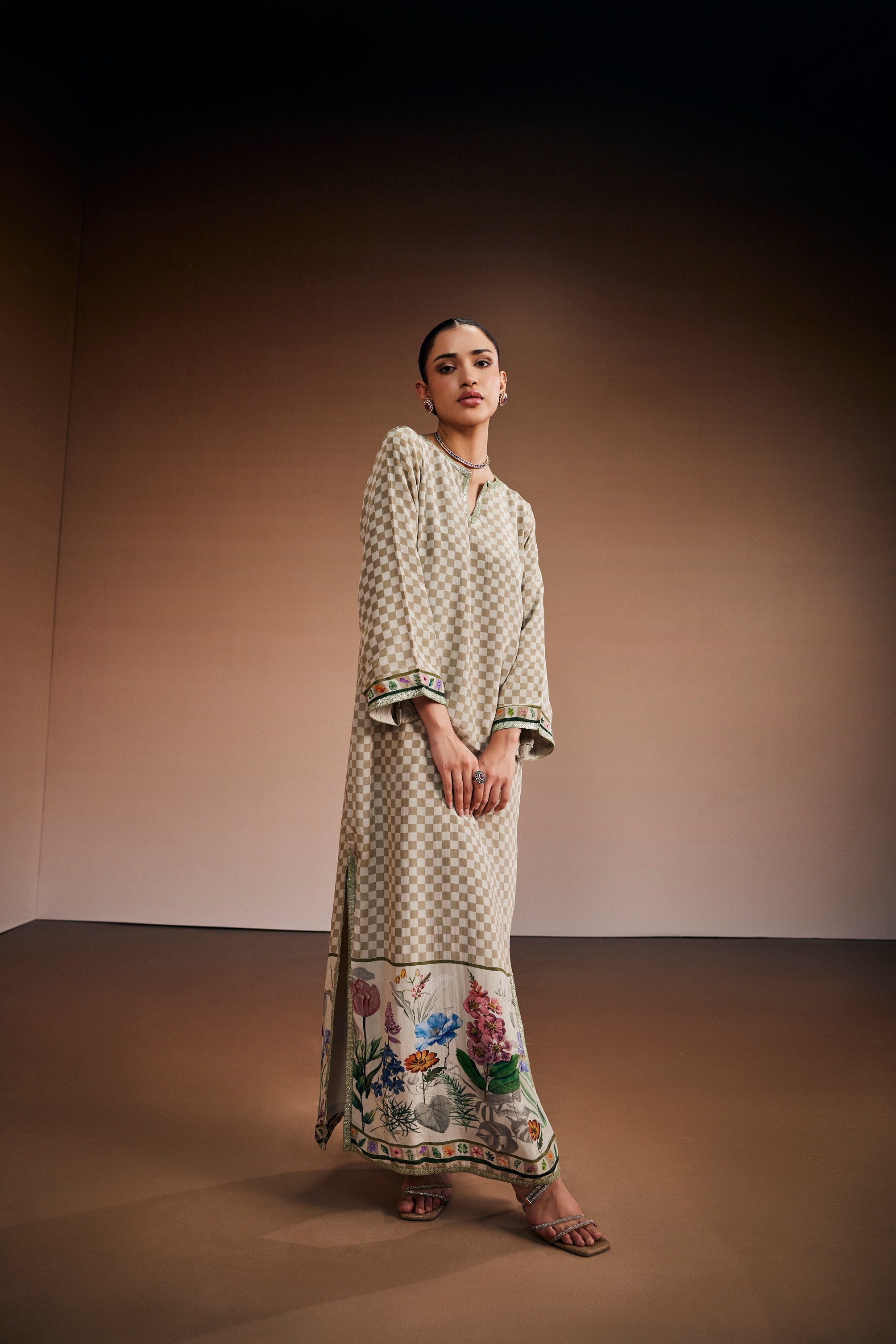 Sand Beige & Moss Green Check Kaftan