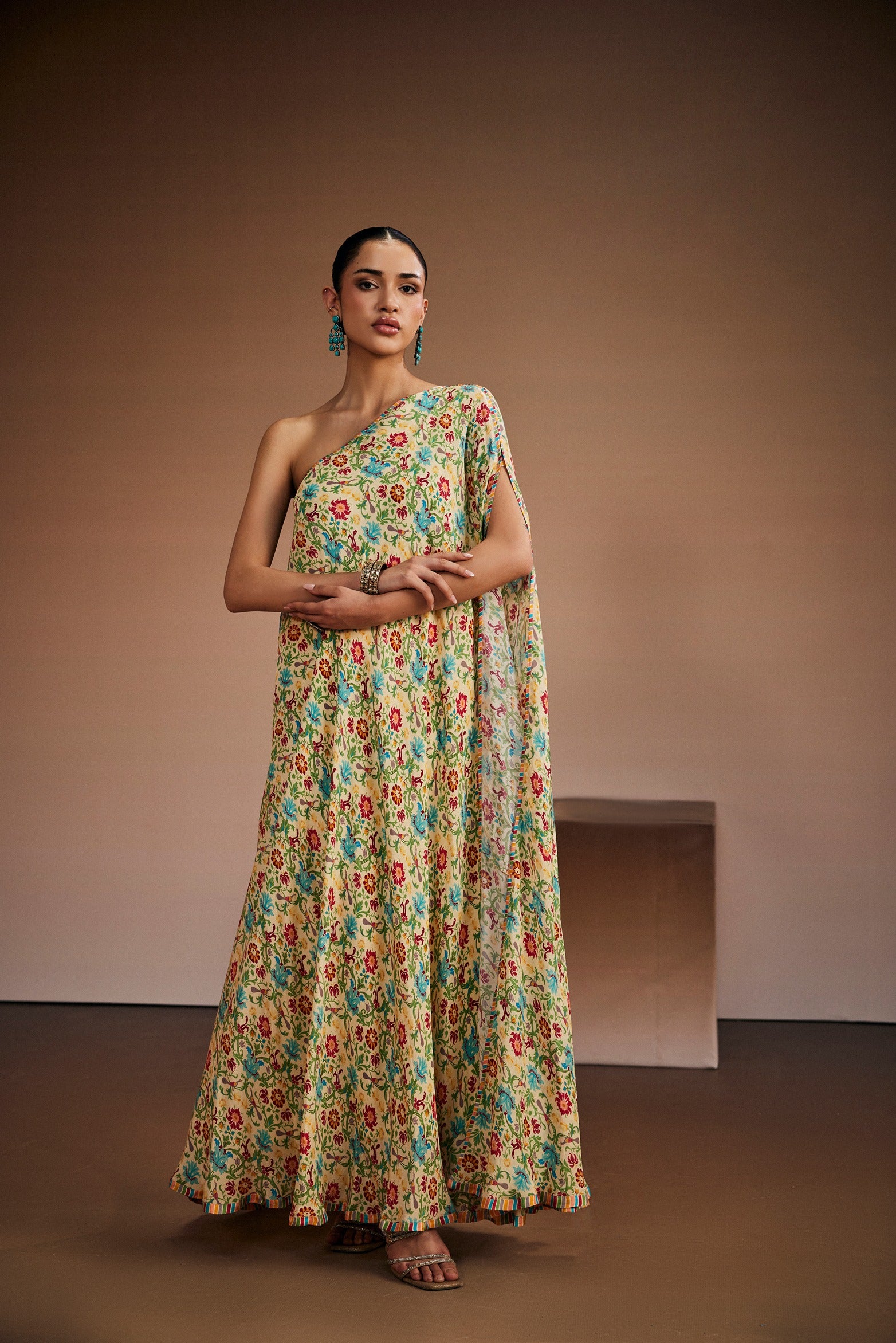 Ivory Botanical One- Shoulder Kaftan