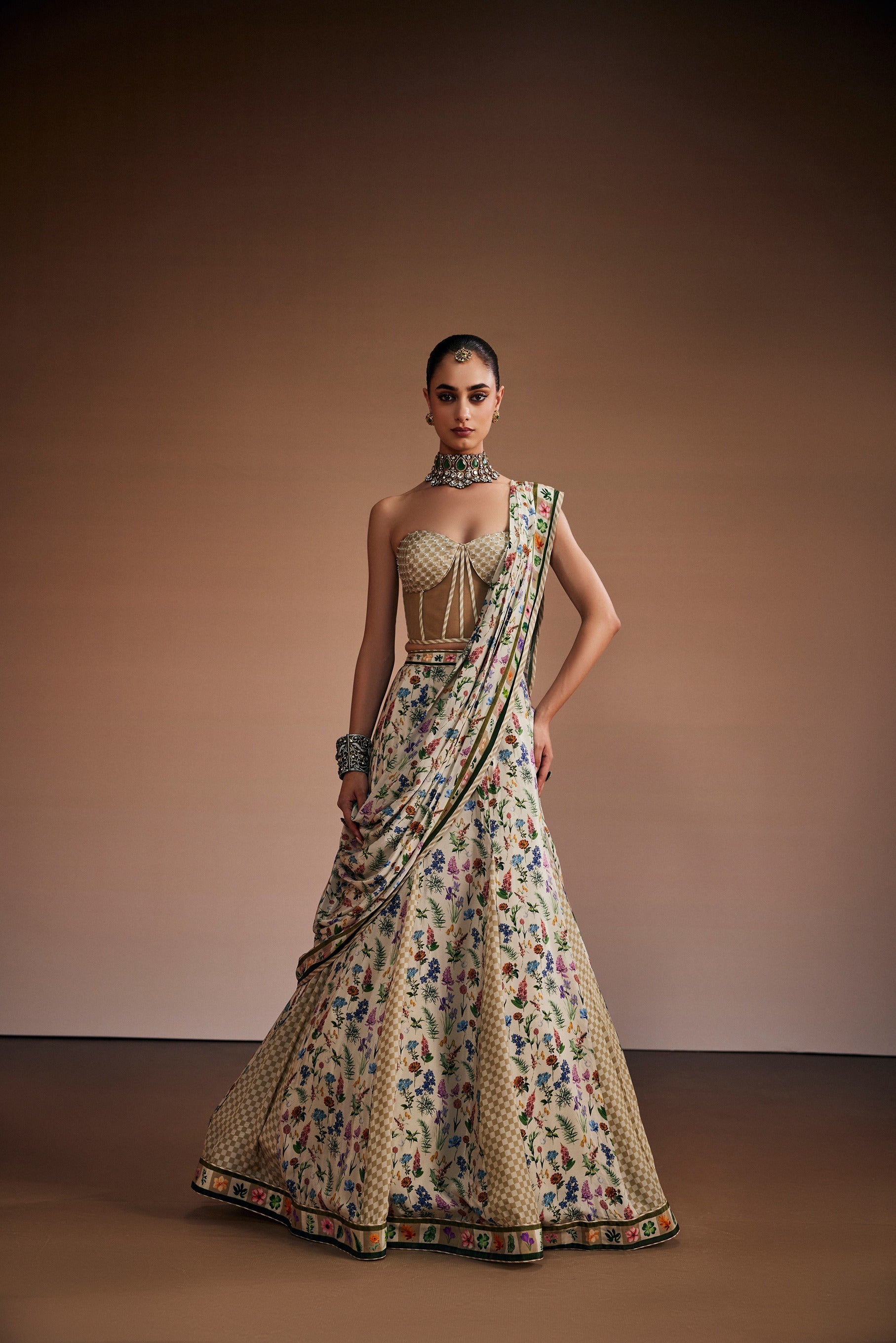 Sand Beige & Moss Green Checks Skirt Paired With Corset And Drape Dupatta