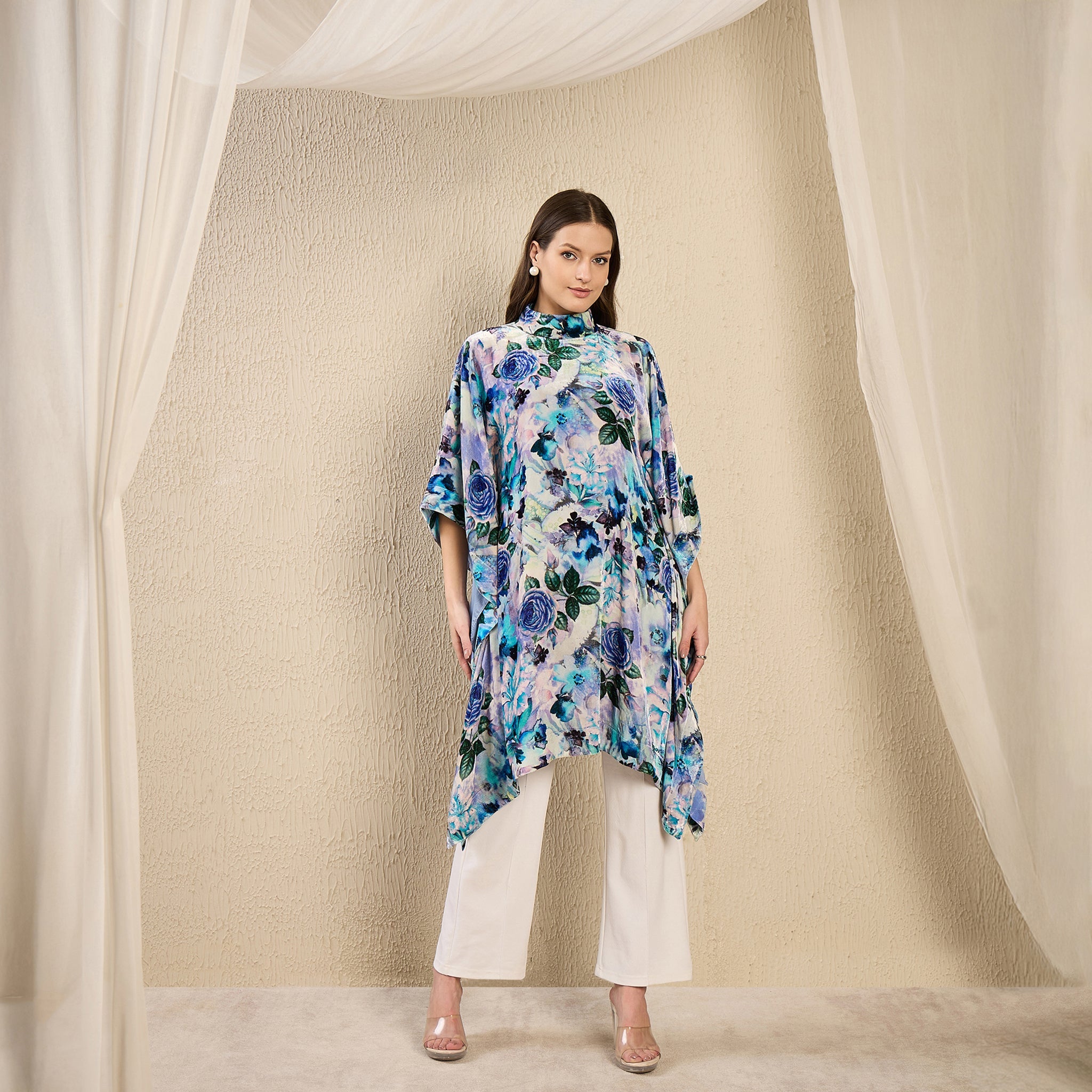 Blue and Green Floral Crystal Studded Silk Velvet Tunic