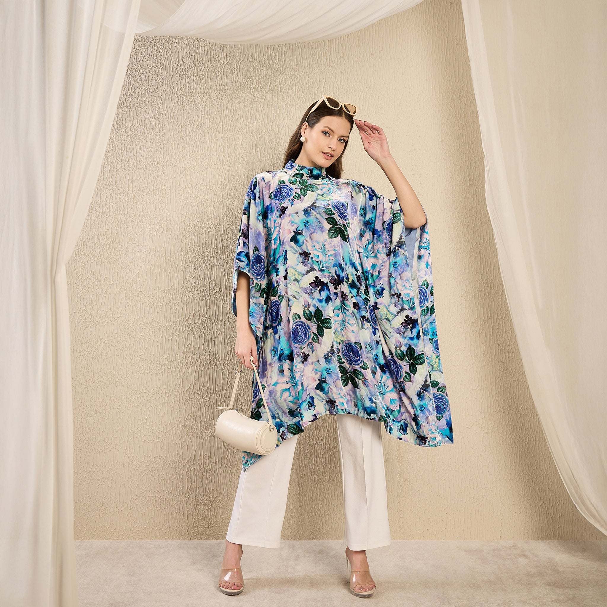 Blue and Green Floral Crystal Studded Silk Velvet Tunic