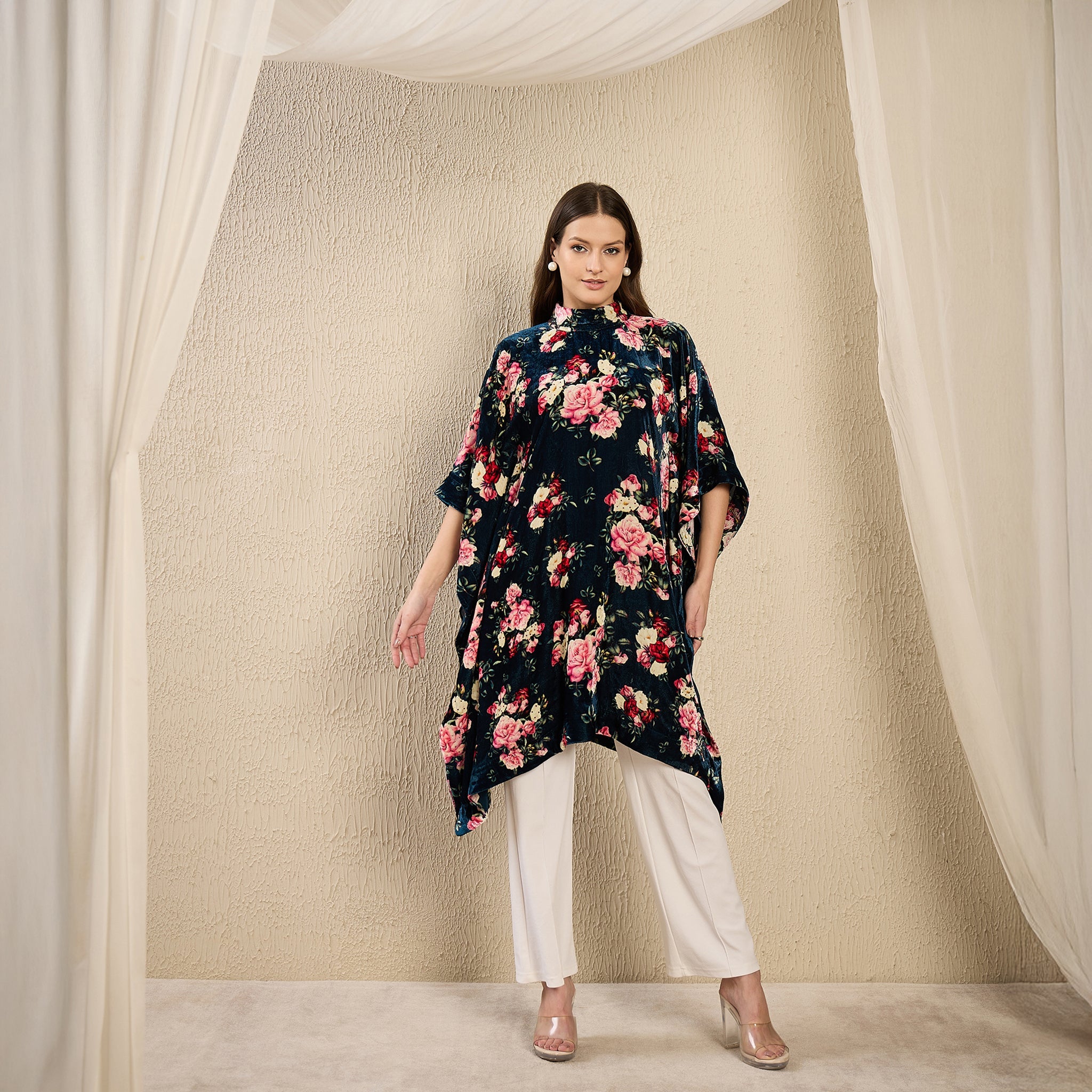 Blue and Red Floral Crystal Studded Silk Velvet Tunic