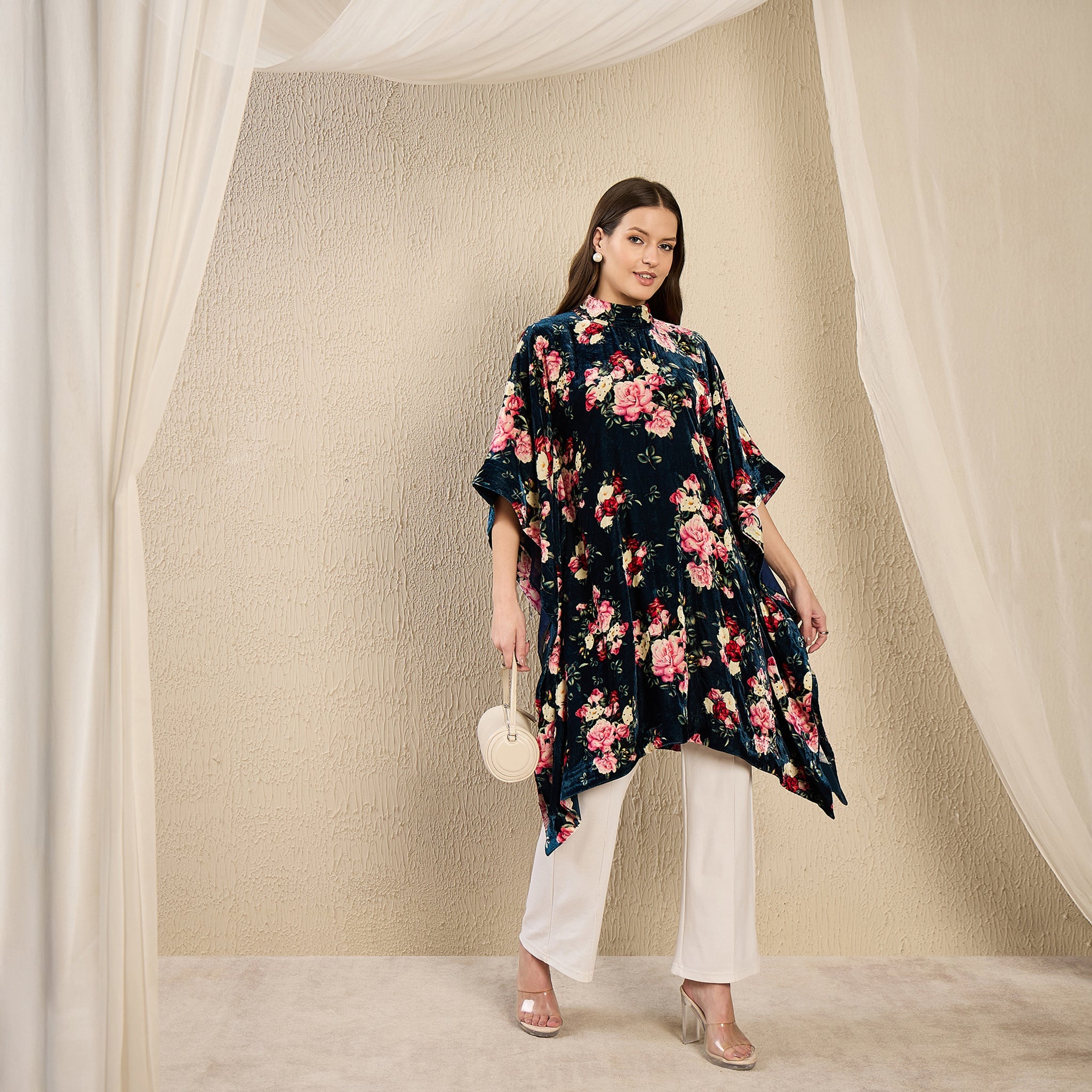 Blue and Red Floral Crystal Studded Silk Velvet Tunic