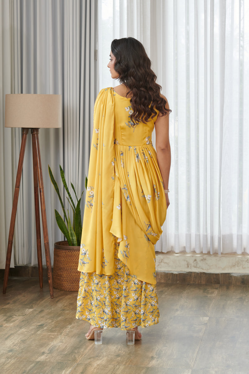Kesar Yellow Ruffle Saree Dress