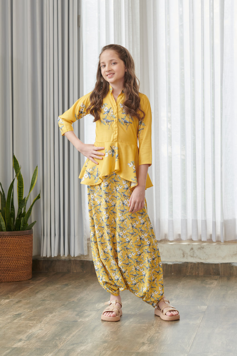 Kesar Yellow Peplum Dhoti Jumpsuit Kids