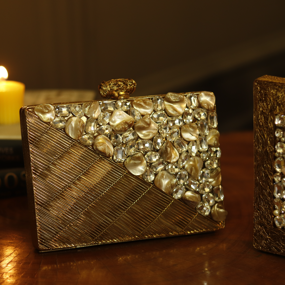 THE TAN CLAN Eira Golden Embellished Brass Clutch