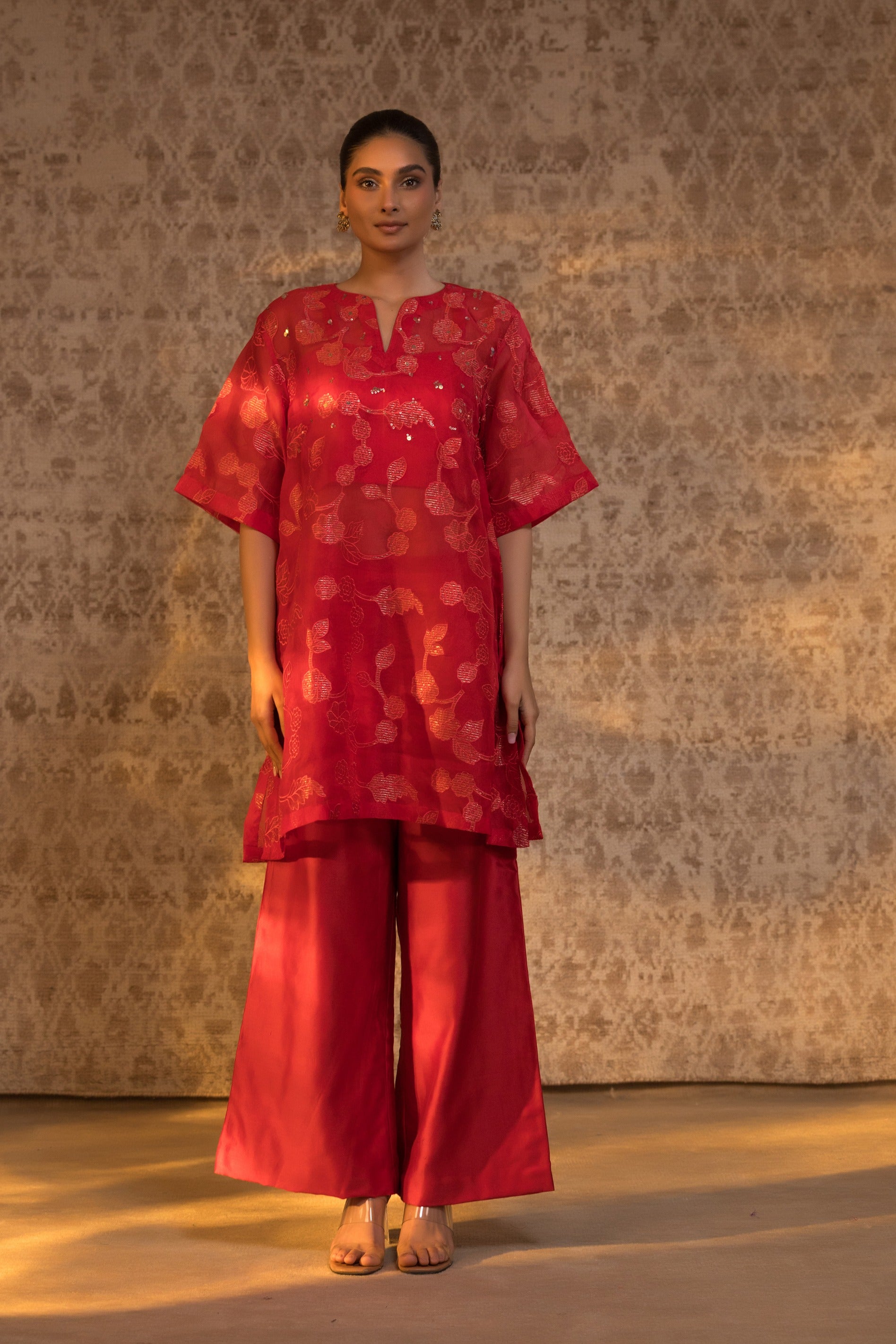 Taral Pure Organza Relaxed KurtaSet - Red