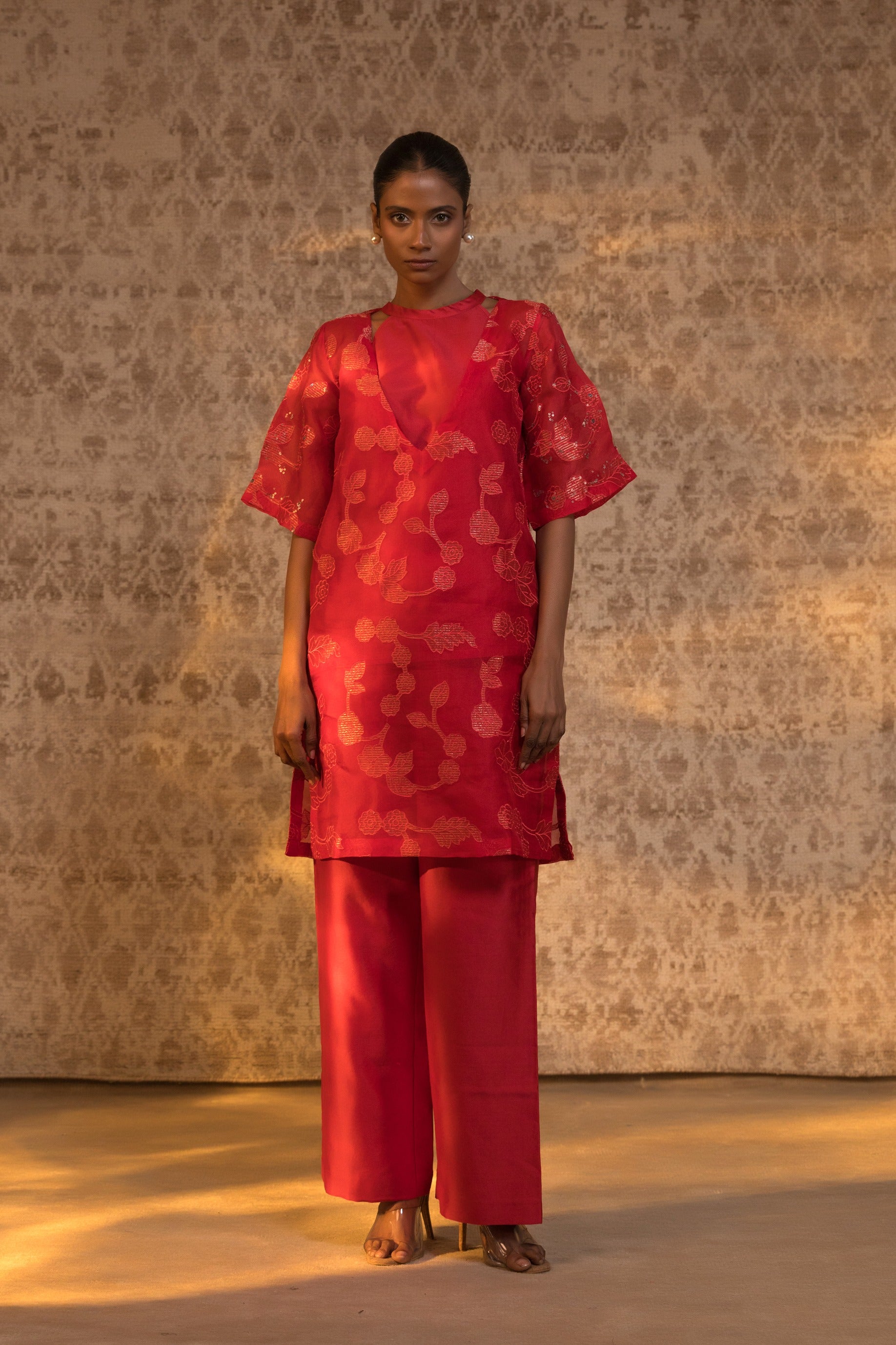 Taral Pure Organza Halter KurtaSet - Red