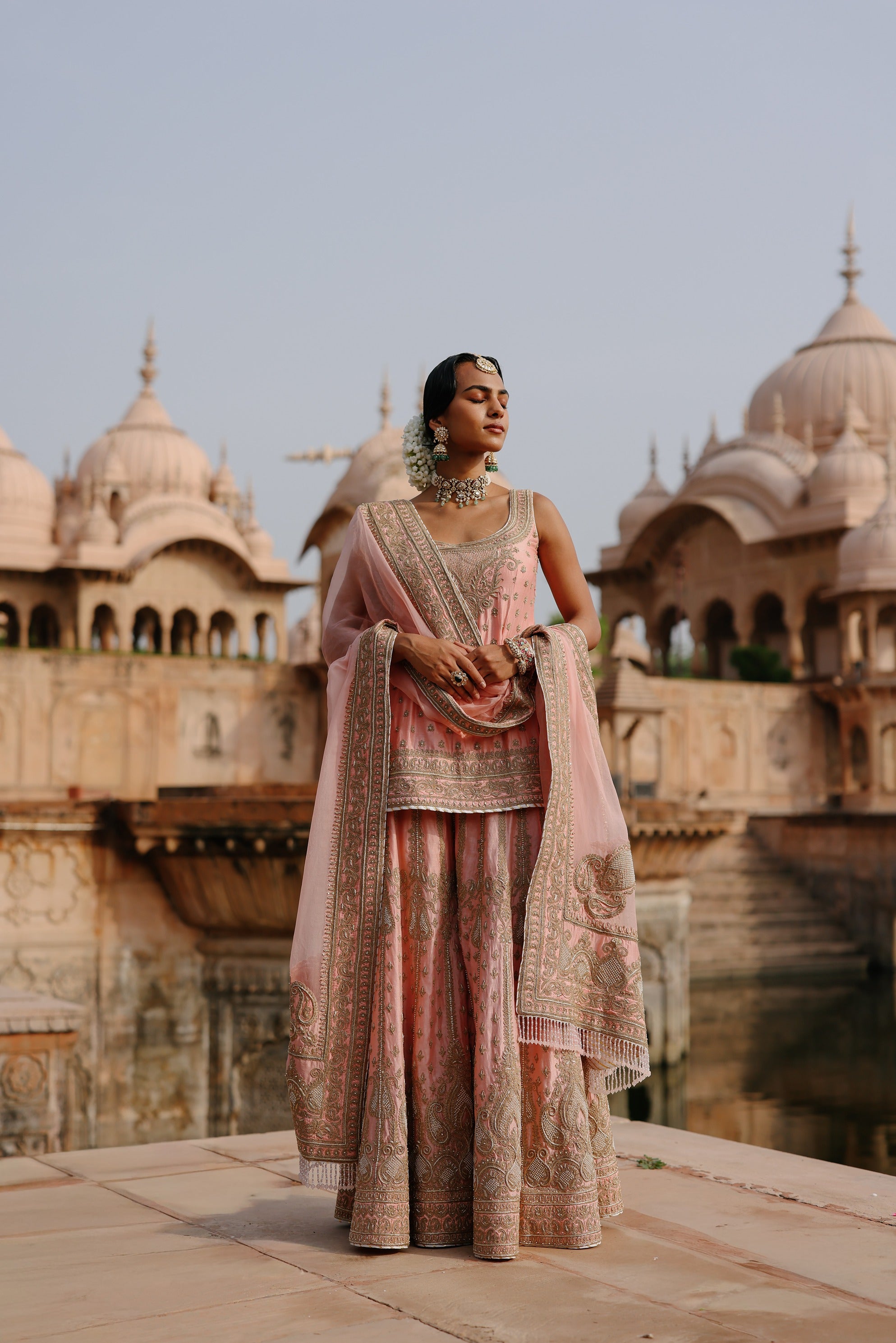 Tasnim - Pink Kurta Set with Sharara & Dupatta