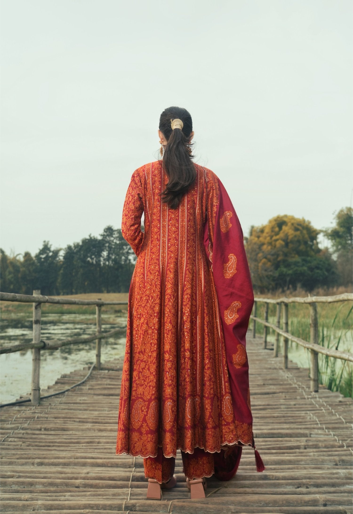 Chikankari Red Anarkali Vegan Silk