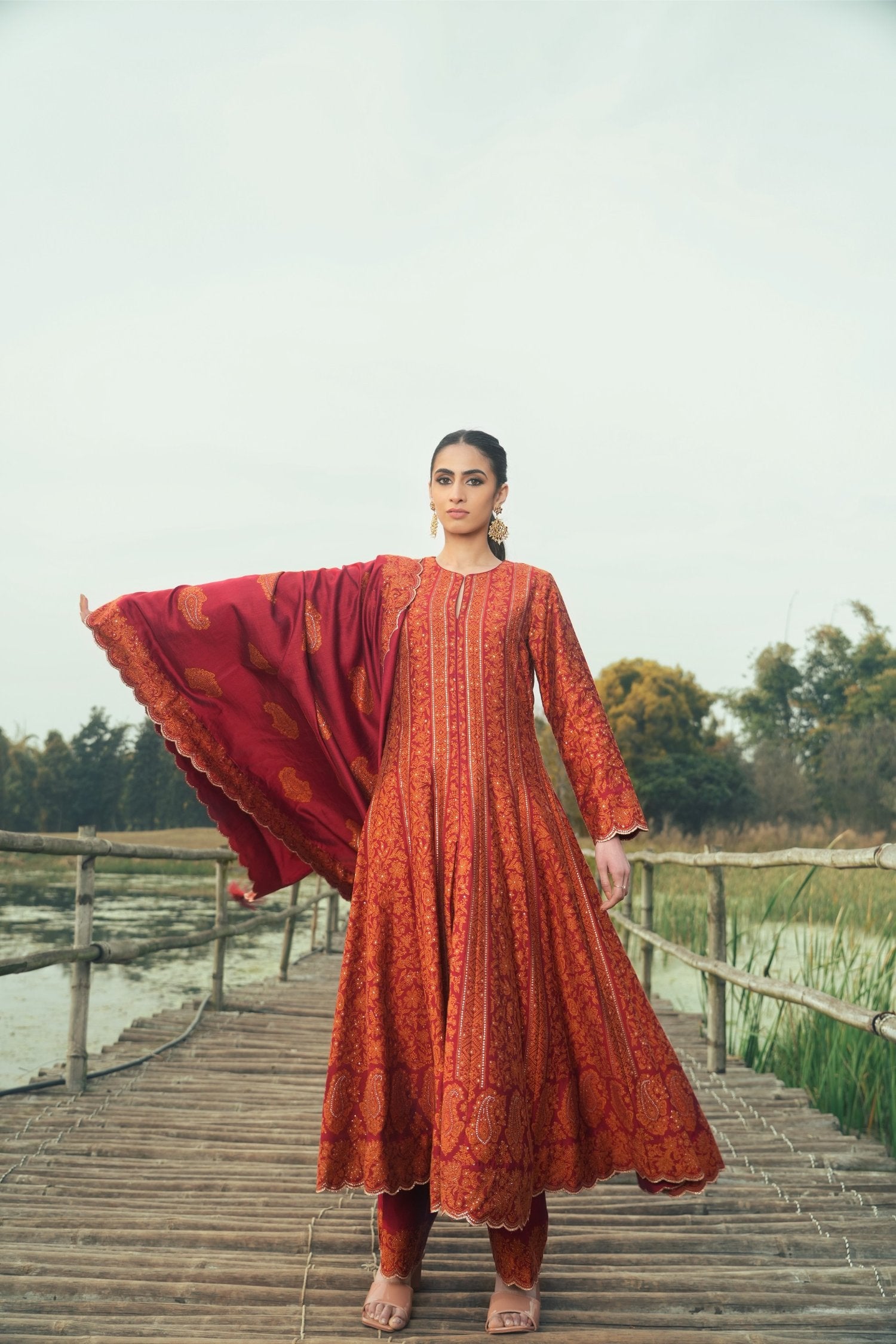 Chikankari Red Anarkali Vegan Silk