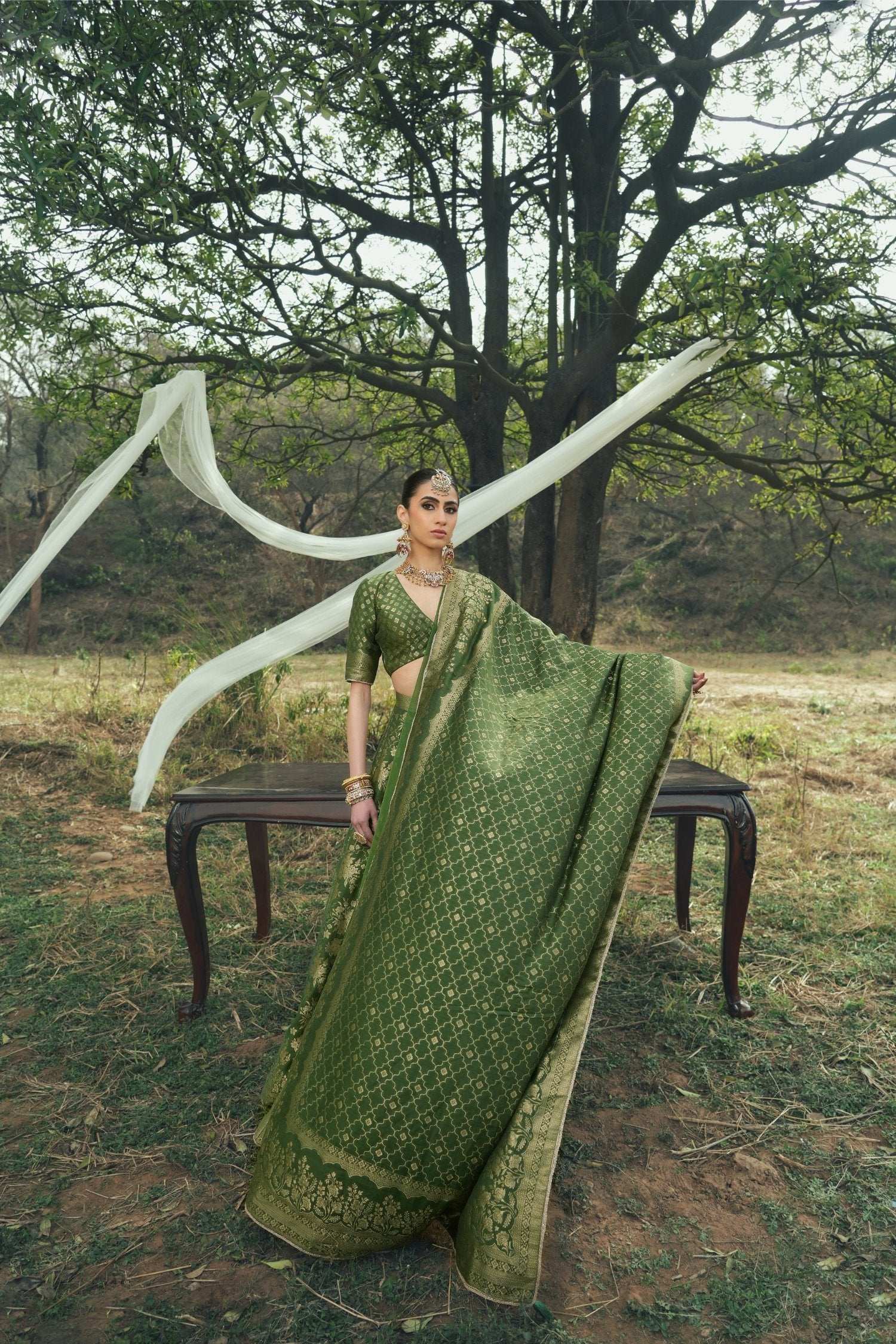 Floral Vegan Silk Lehenga Forest Green