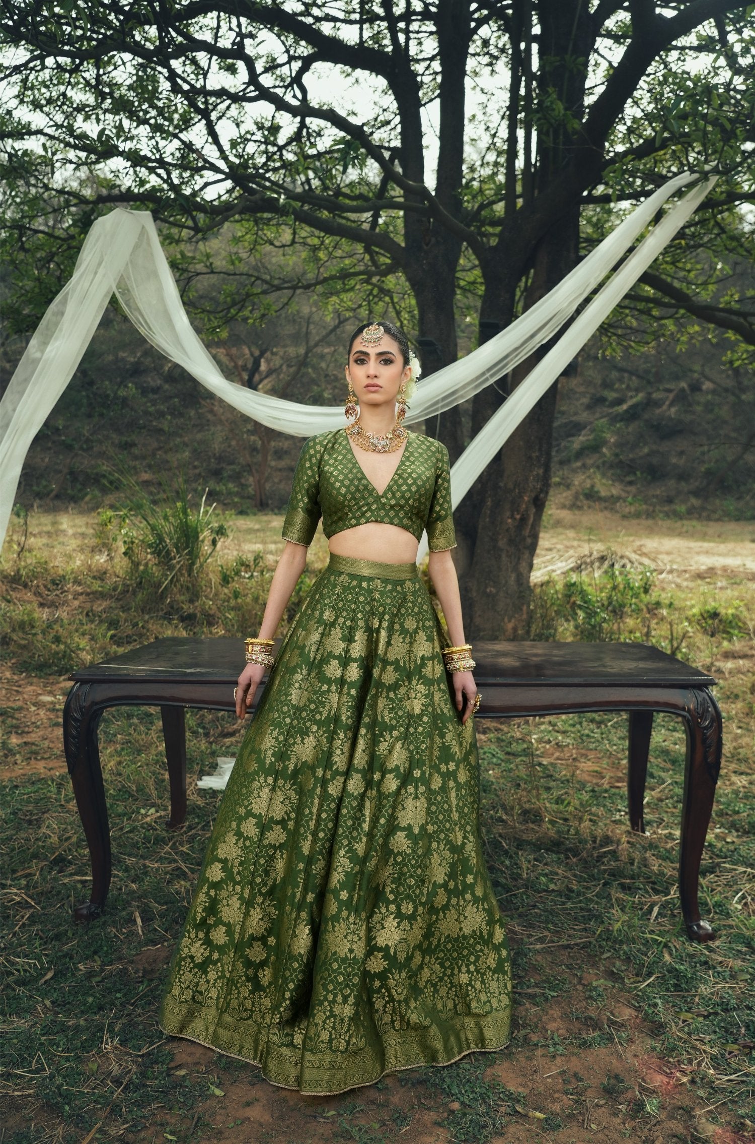 Floral Vegan Silk Lehenga Forest Green