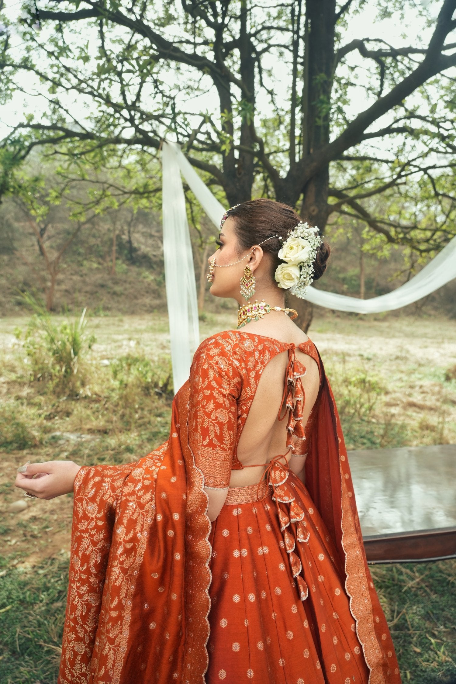 Floral Booti And Jaal Rust Vegan Silk Lehenga