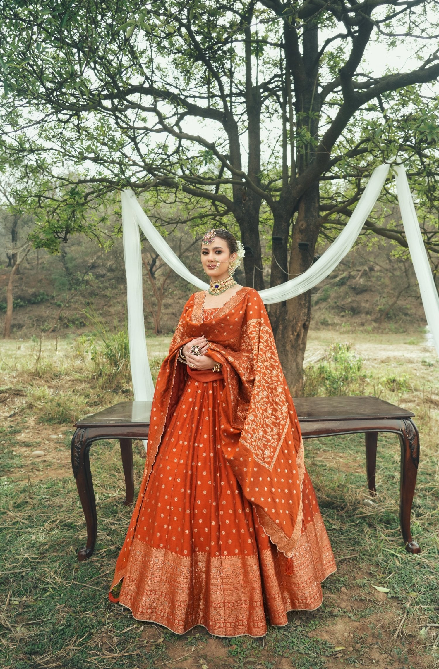 Floral Booti And Jaal Rust Vegan Silk Lehenga