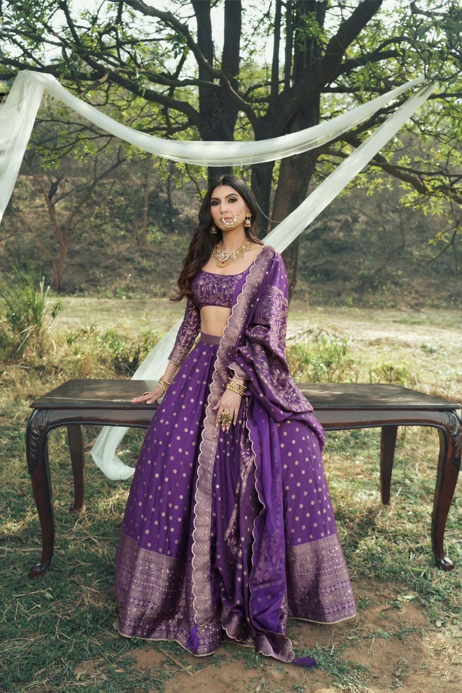 Floral Booti And Jaal Purple Vegan Silk Lehenga