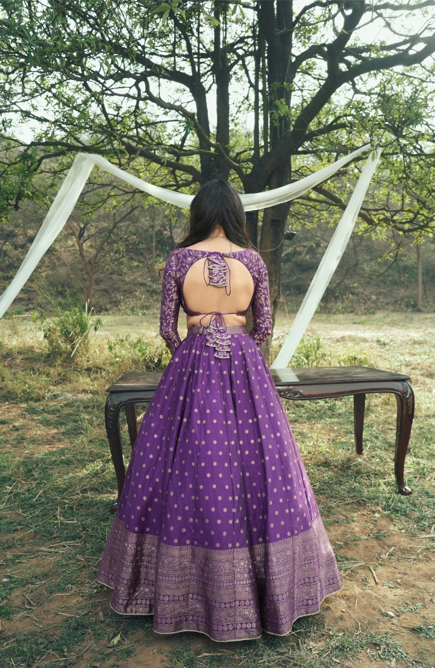 Floral Booti And Jaal Purple Vegan Silk Lehenga