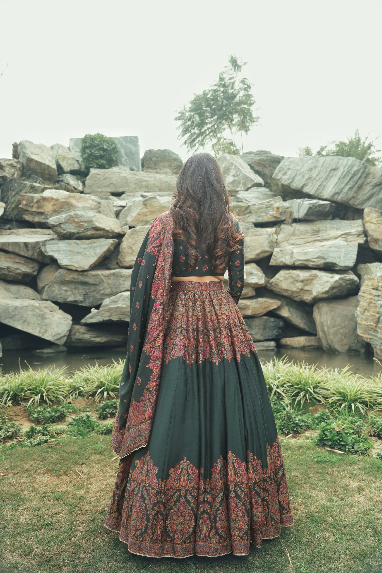 Lehenga Vegan Silk Zari Bottle Green