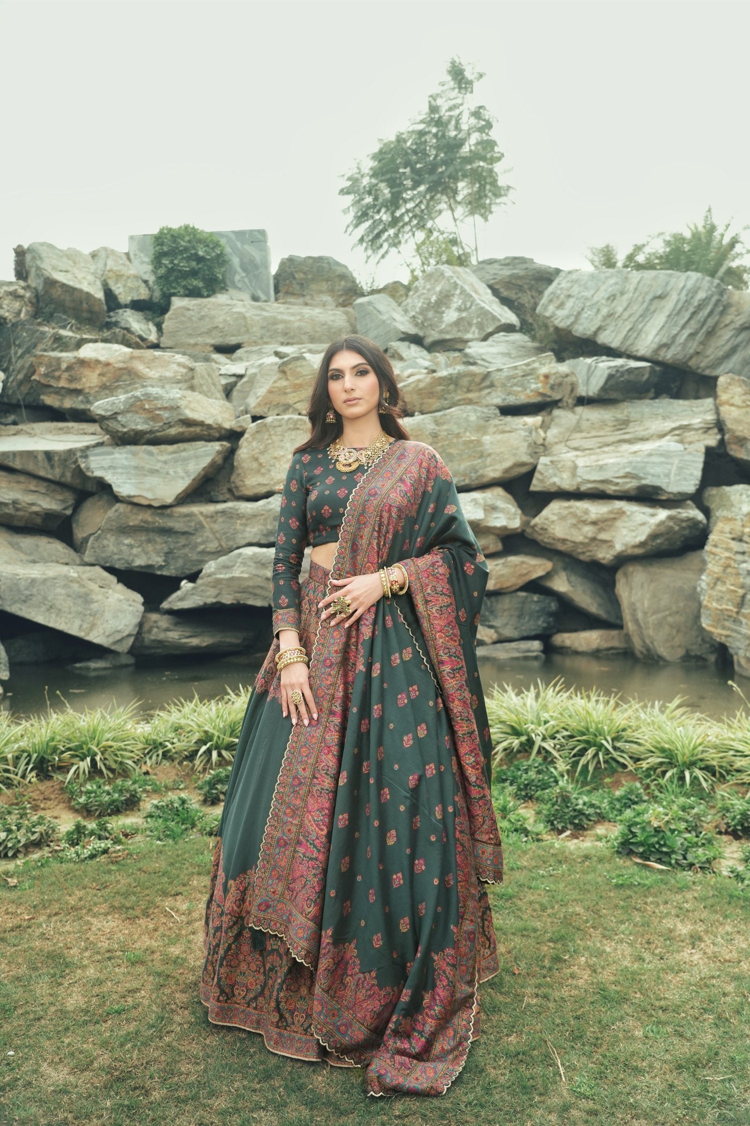 Lehenga Vegan Silk Zari Bottle Green