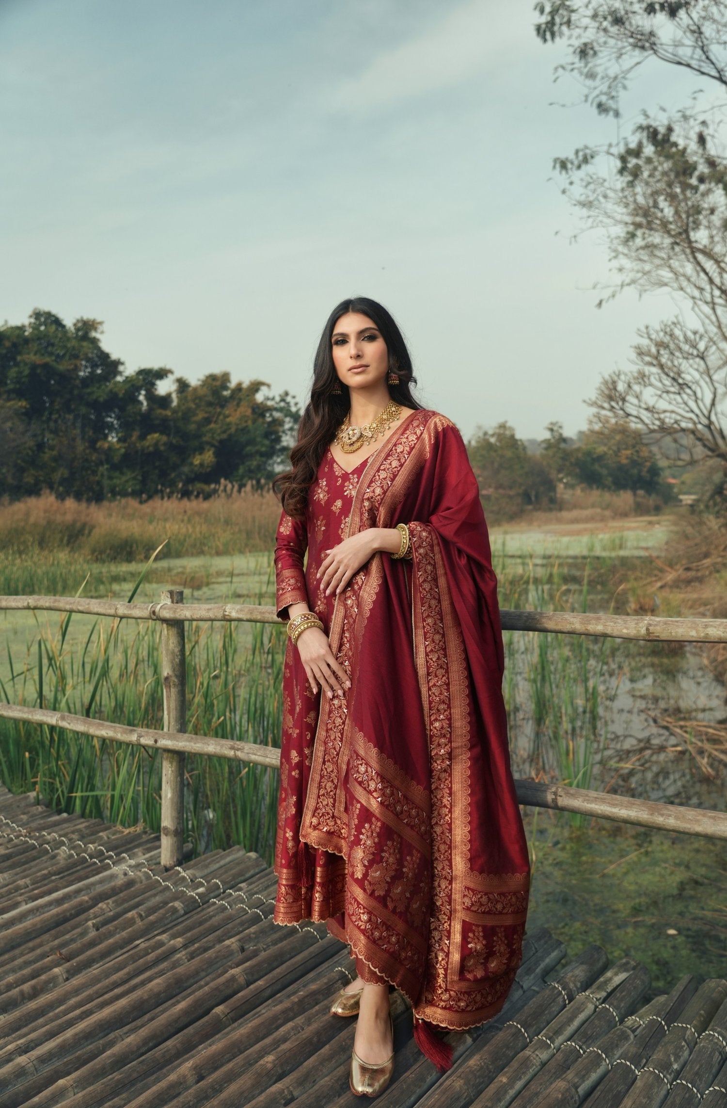 Deep Red Anarkali Vegan Silk Zari