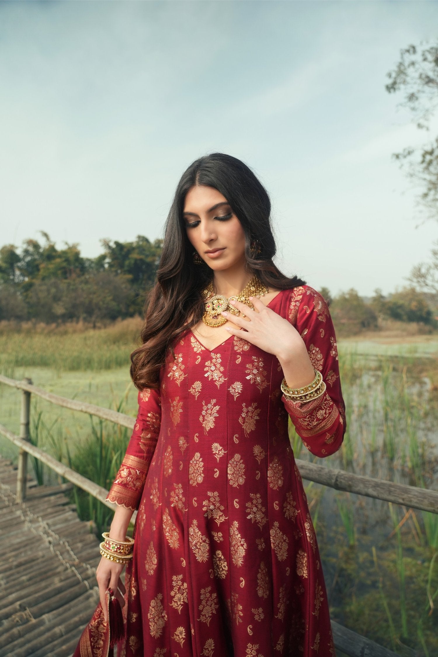 Deep Red Anarkali Vegan Silk Zari