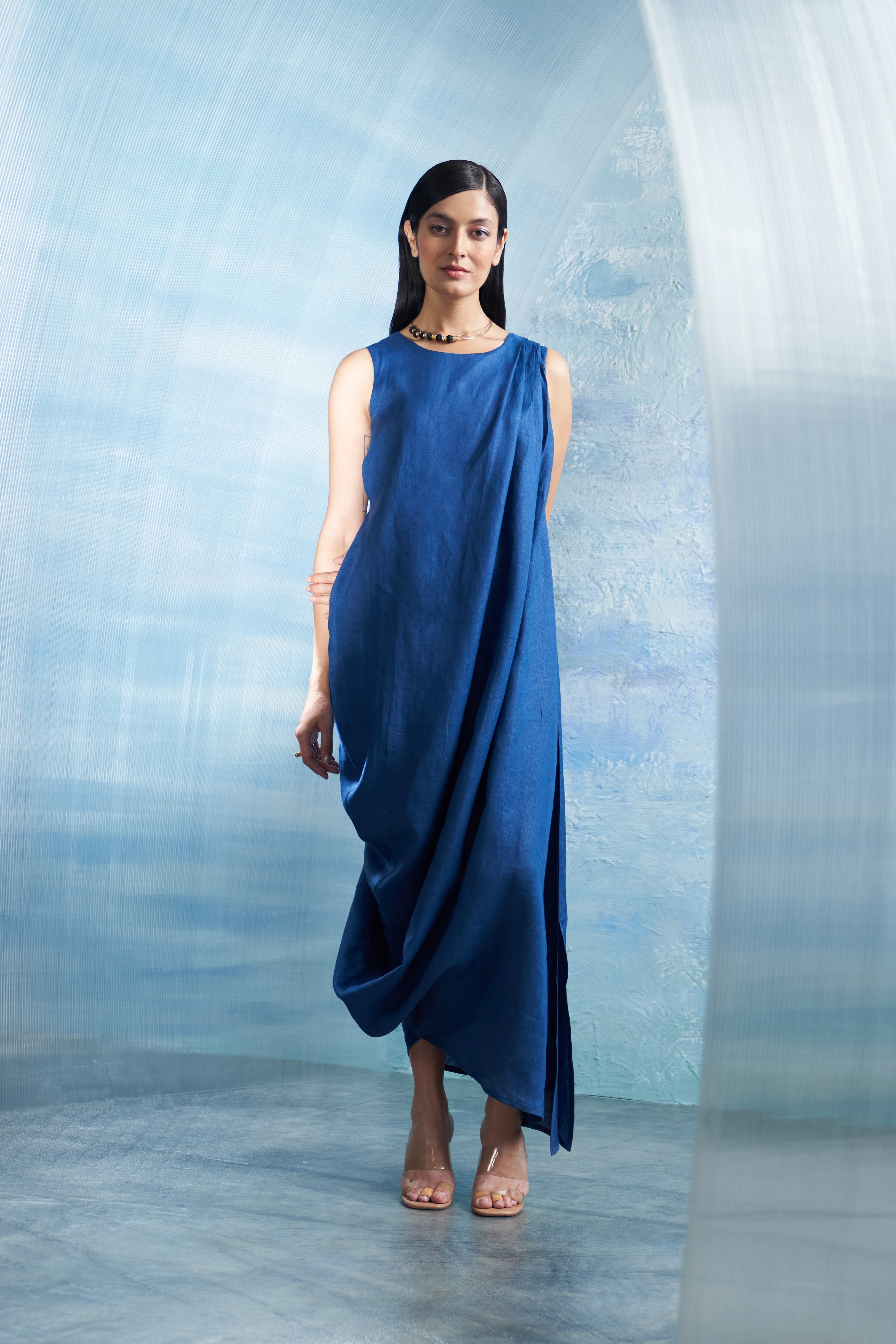 Aura Royal Blue Linen Drape Dress – AGASHE