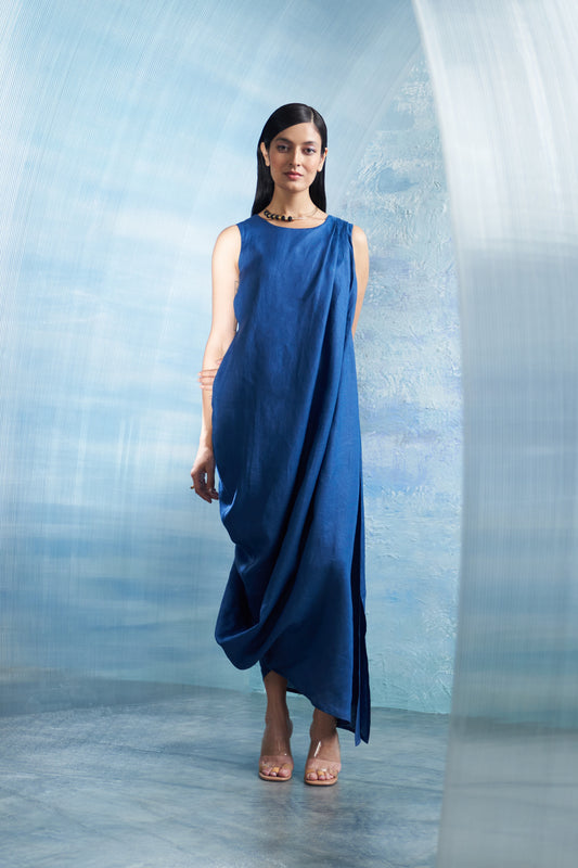 Aura Royal Blue Linen Drape Dress