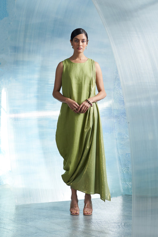 Aura Sheen Green Linen Drape Dress