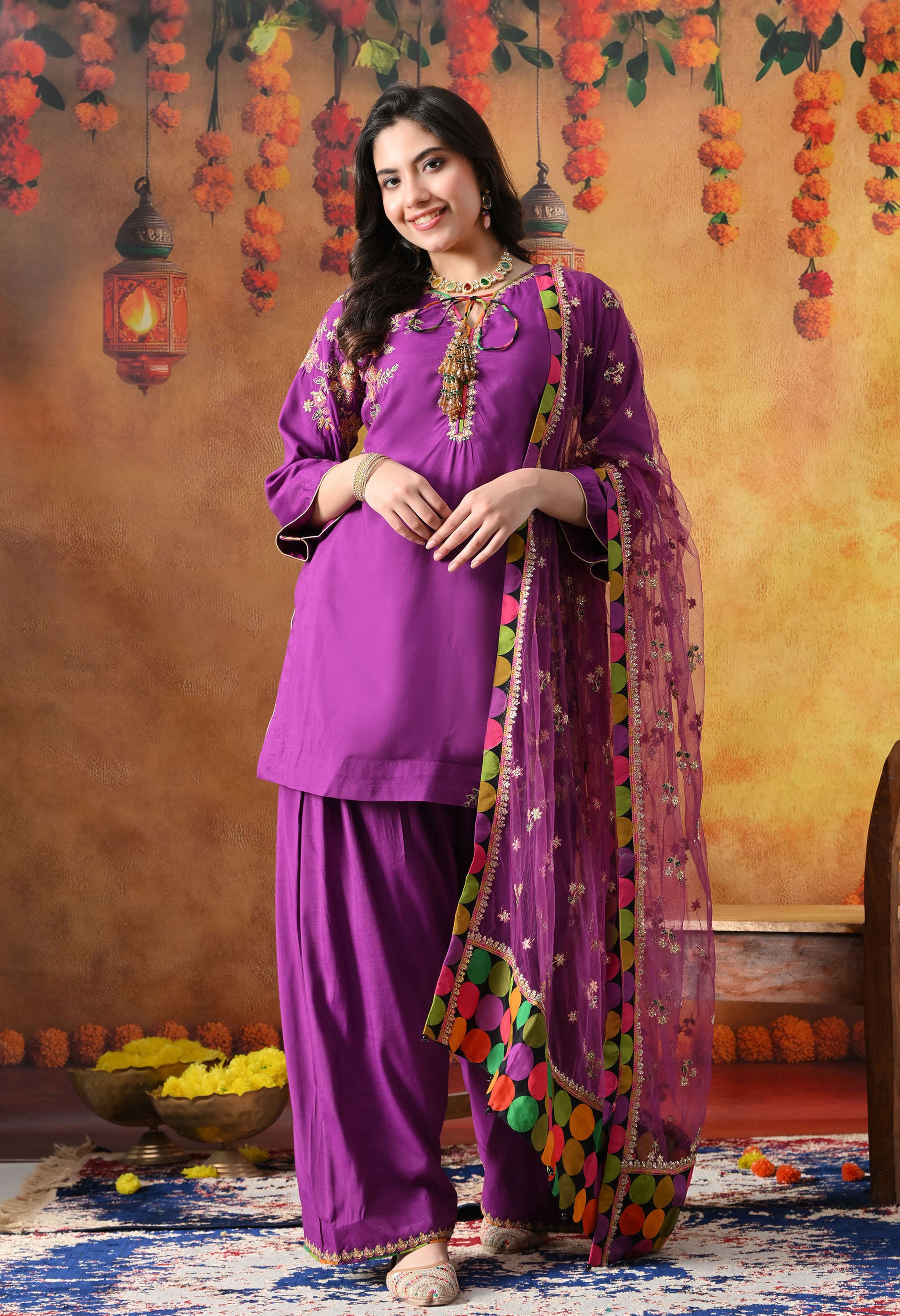 Elegant Purple Kurta Set In Cotton Silk