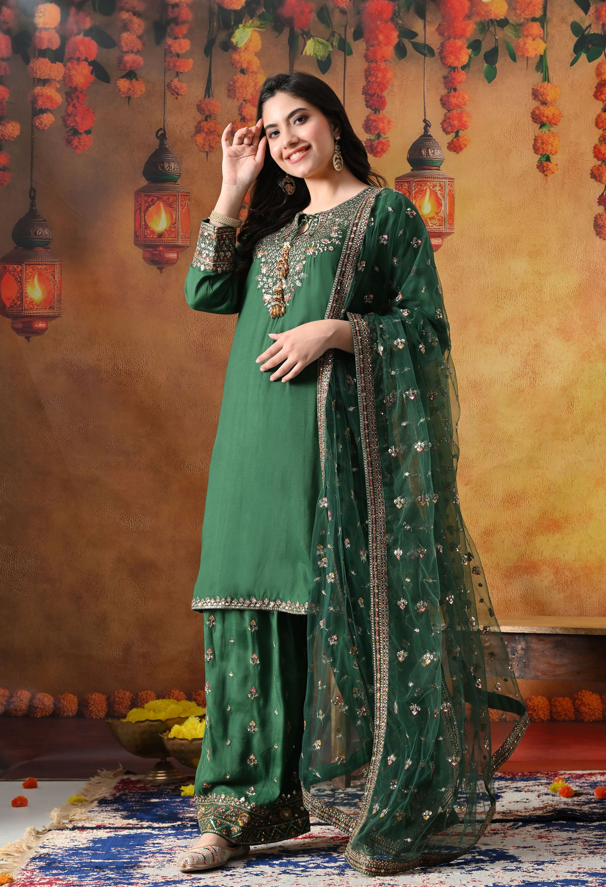 Green Zardozi Work Kurta Set