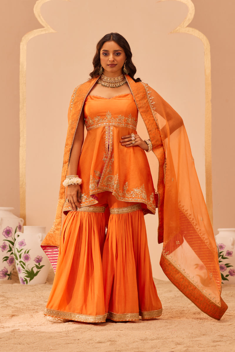 Tahira- Short High-Low Kurta With Garara And Dupatta