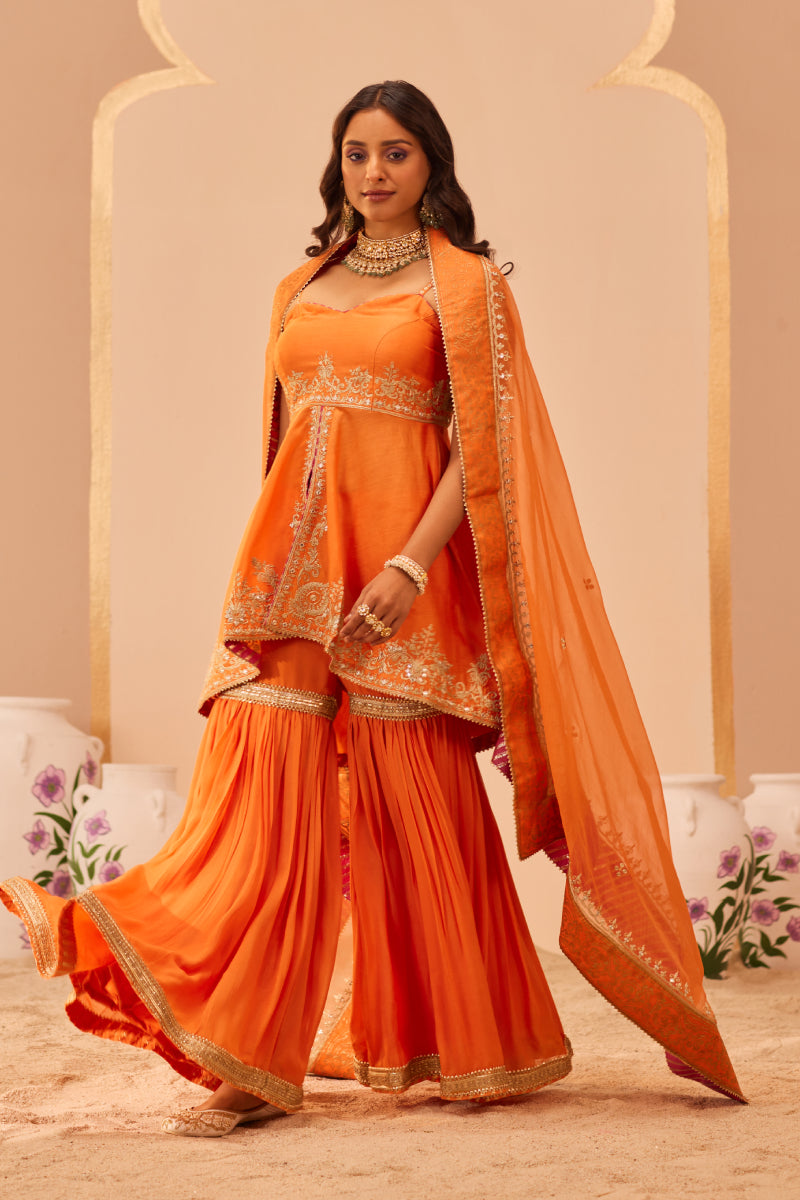 Tahira- Short High-Low Kurta With Garara And Dupatta